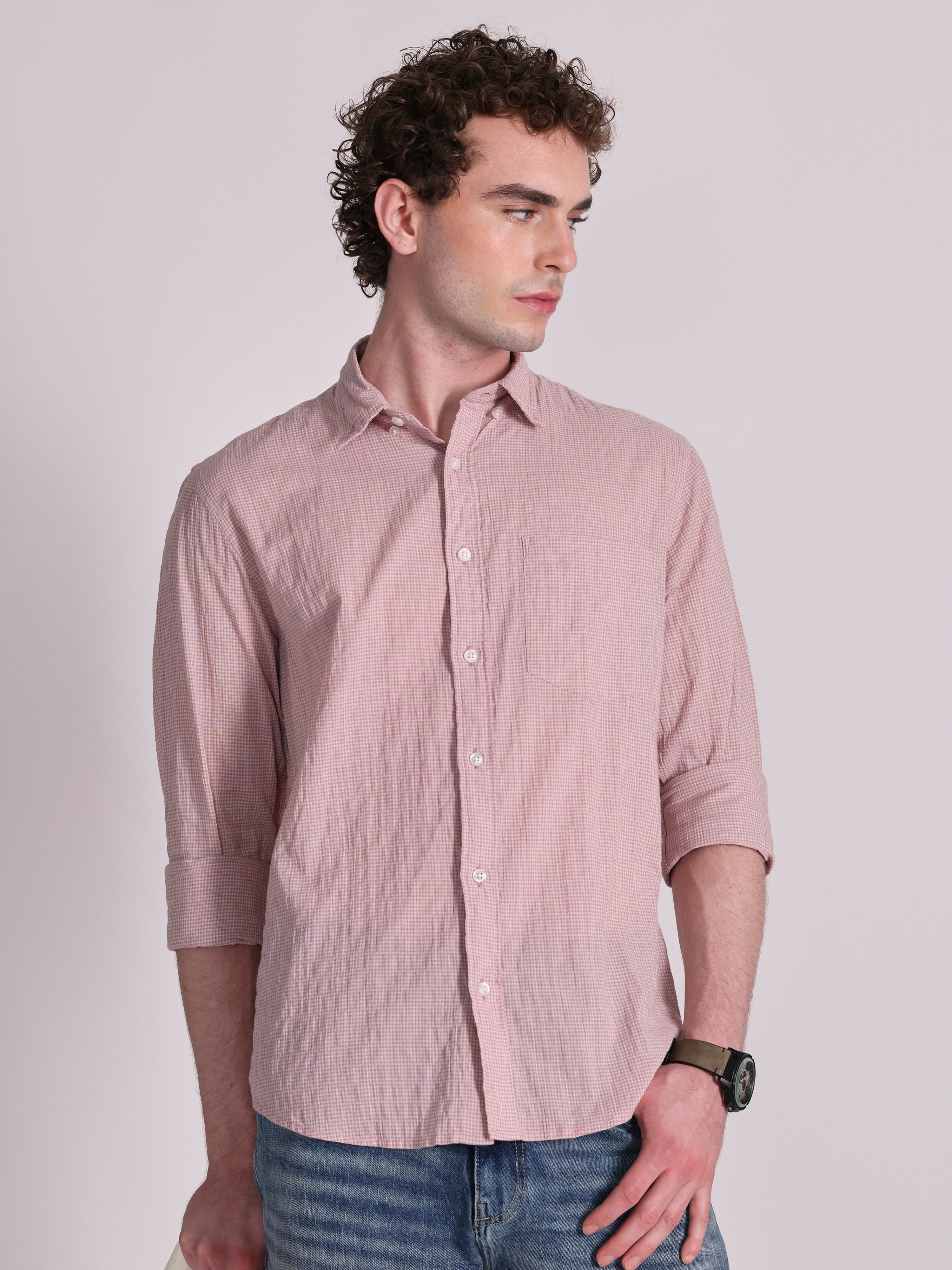 Men's Crinkled Checked Shirt in light pink