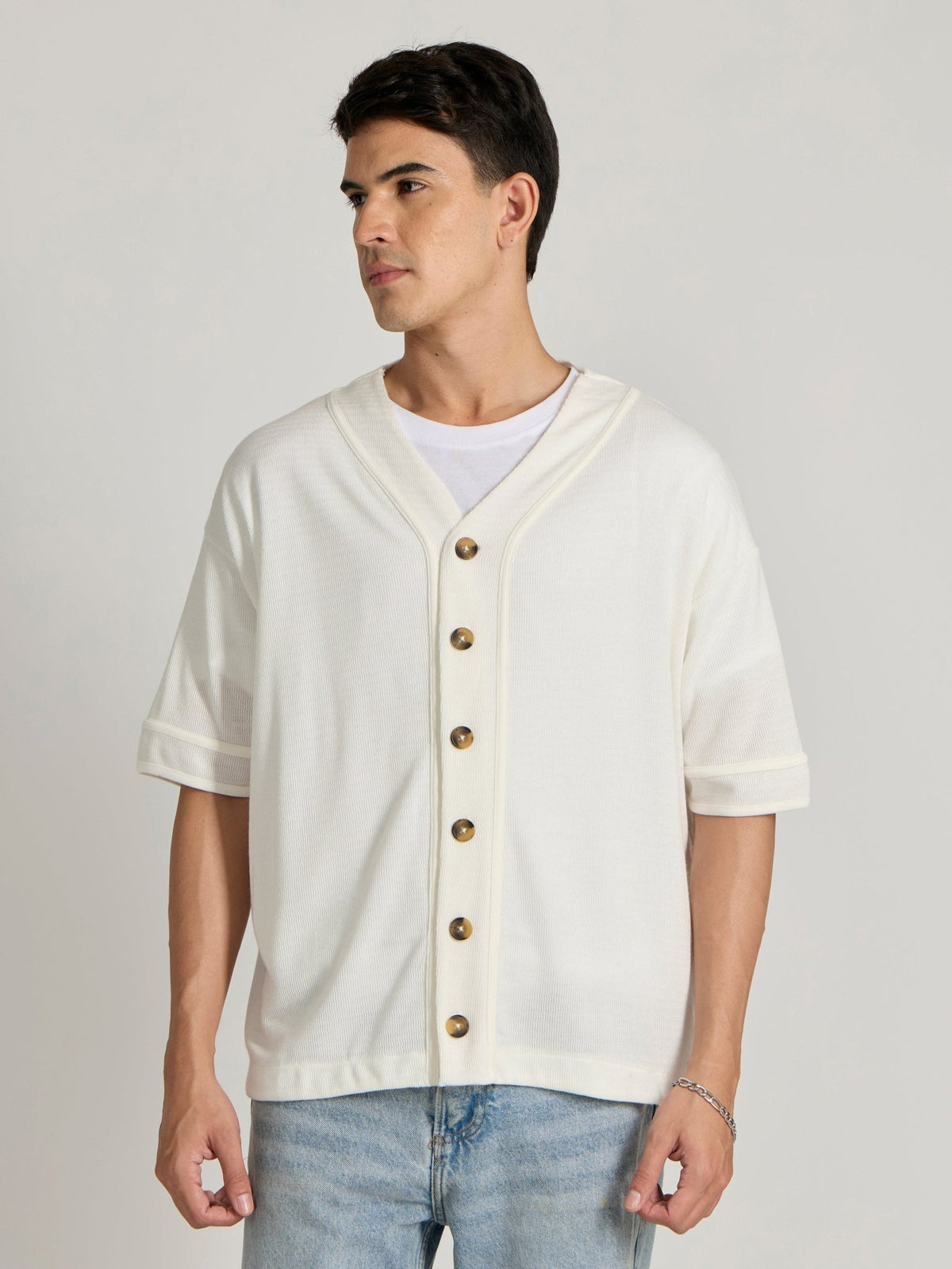 Jovanti - Loose Fit Baseball Shirt - White - Espanshe