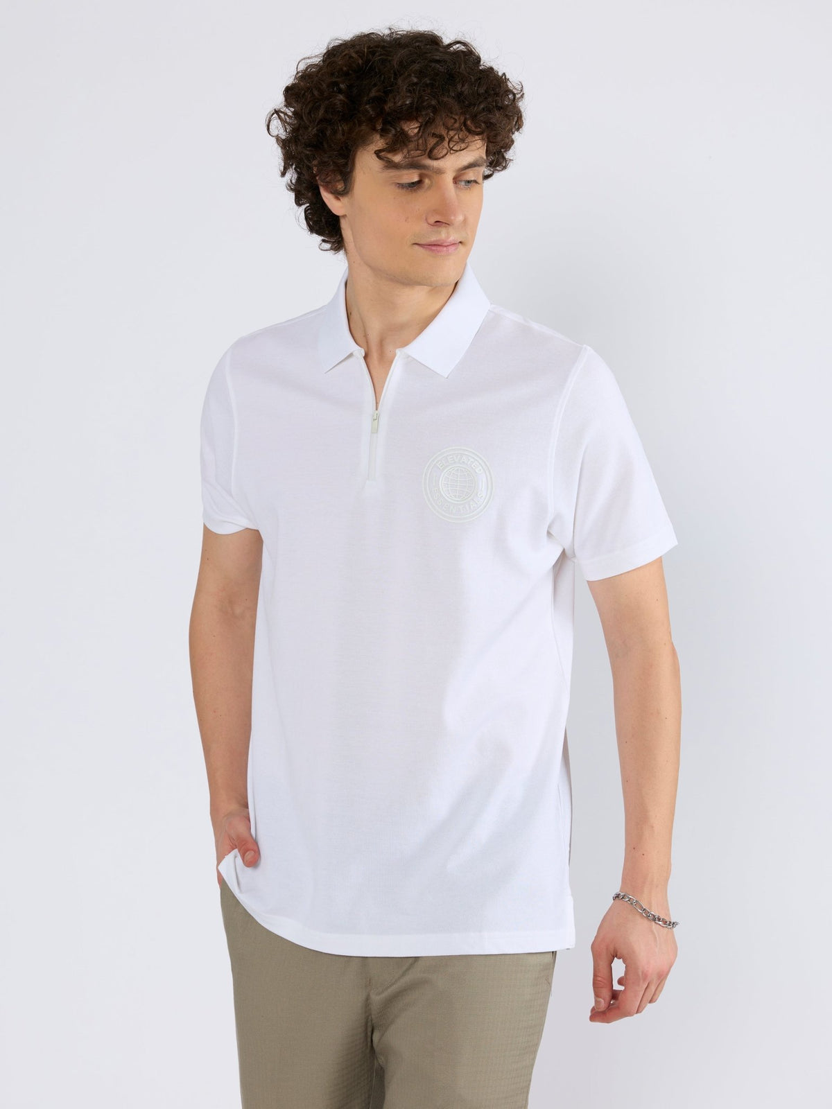 Yelitude - Solid Zipper Polo T-shirt - White - Espanshe