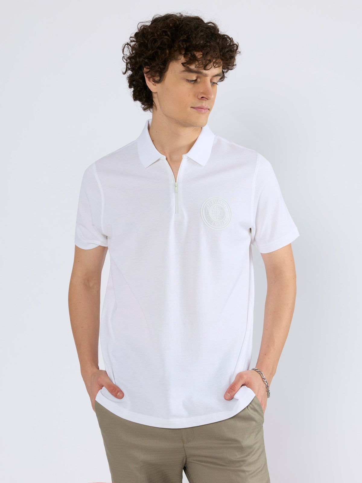 Yelitude - Solid Zipper Polo T-shirt - White - Espanshe