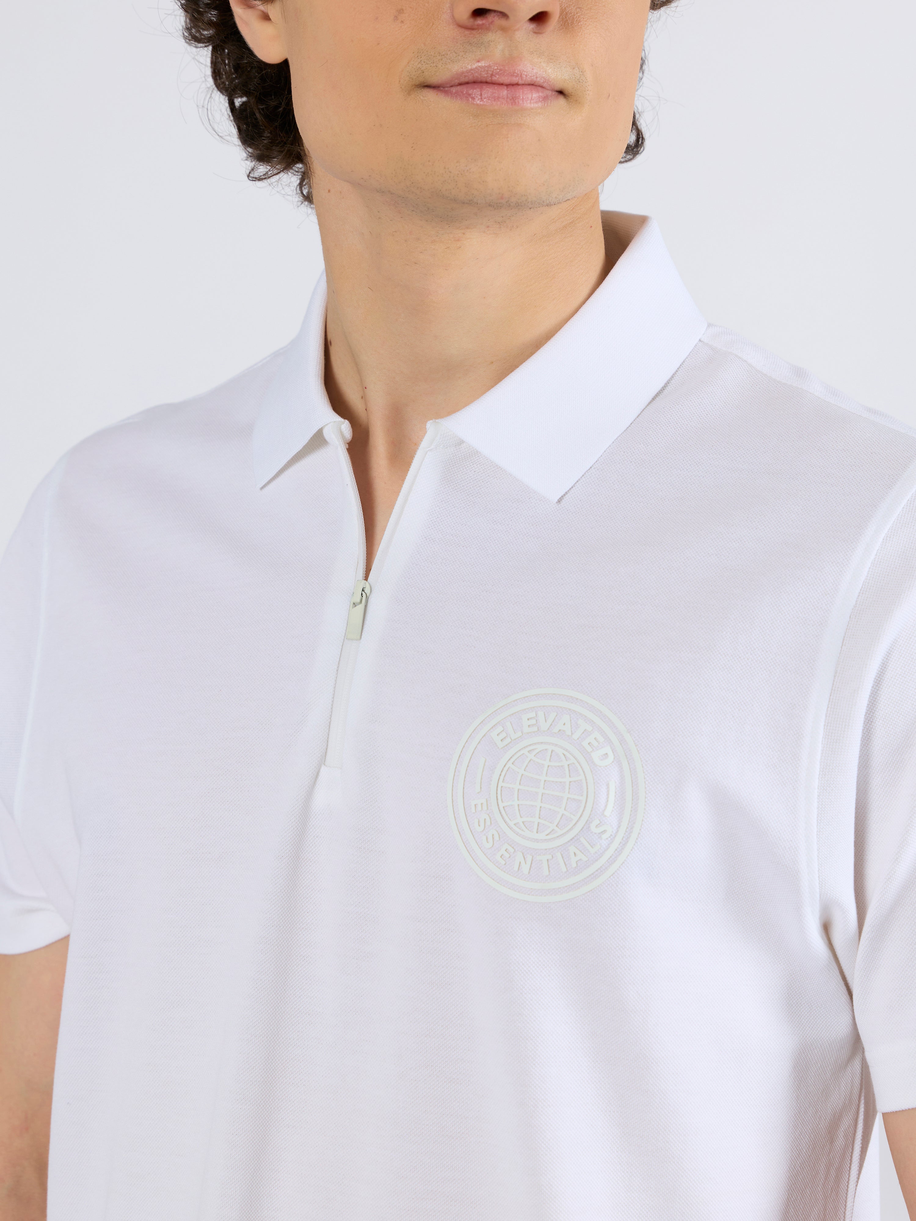 Men's Solid Zipper Polo T-shirt in White
