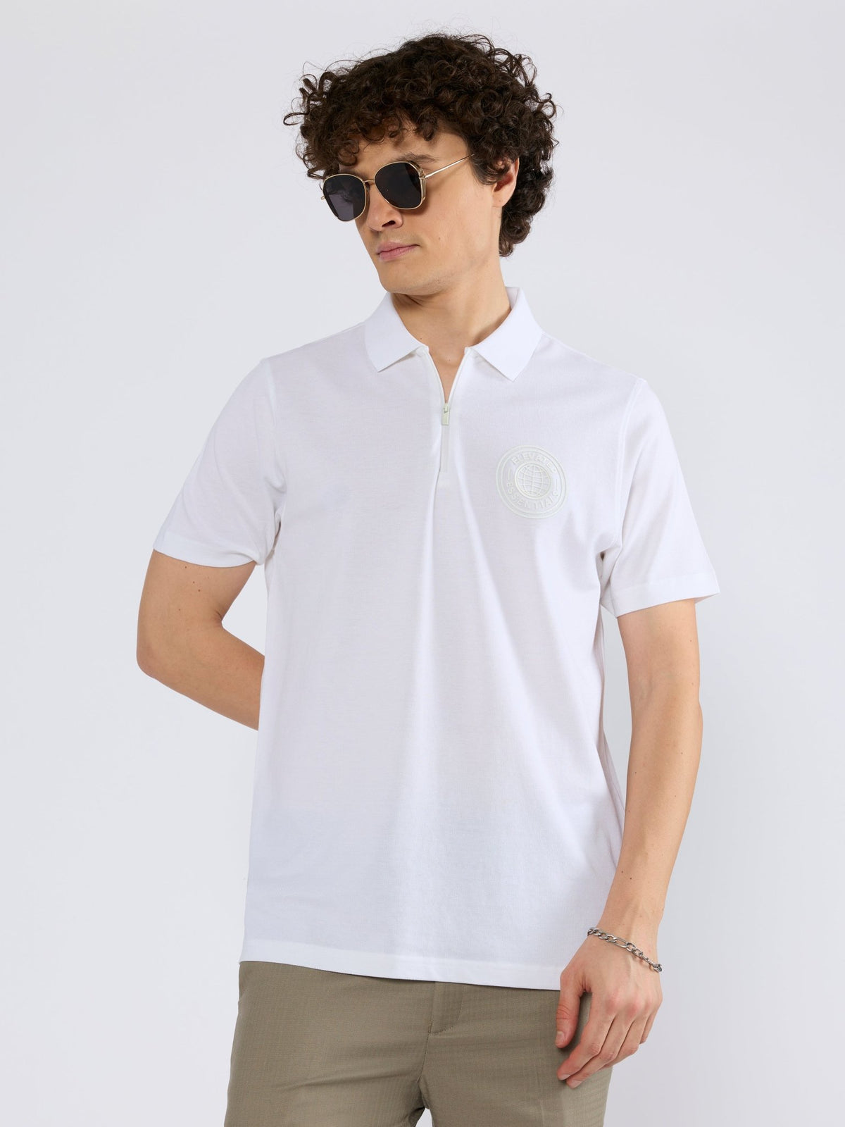 Yelitude - Solid Zipper Polo T-shirt - White - Espanshe