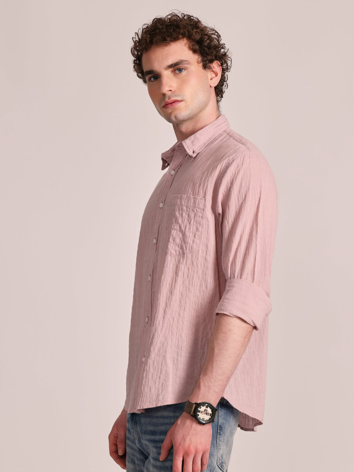 Dashiell - Crinkled Checked Shirt - Light Pink - Espanshe