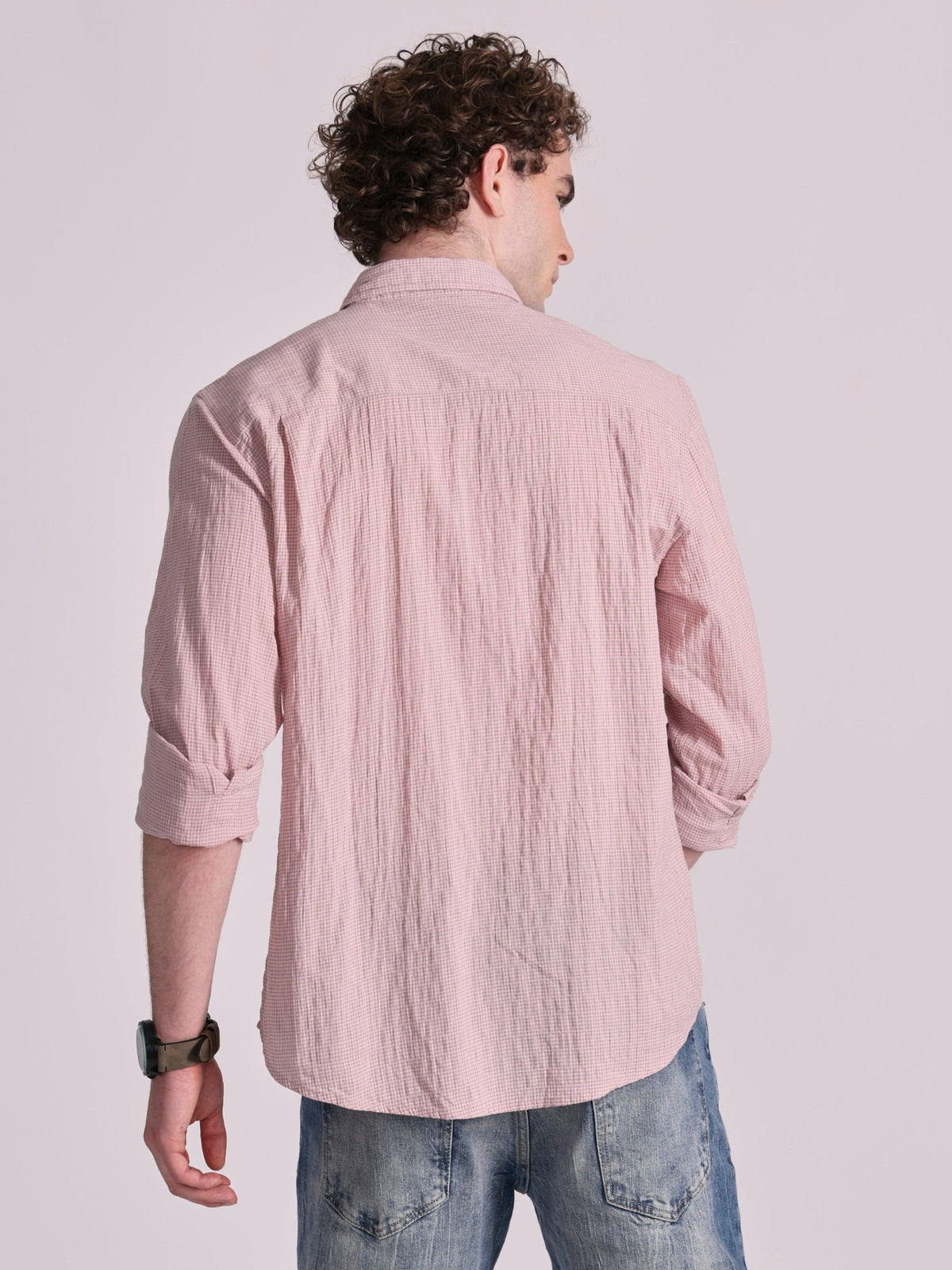 Dashiell - Crinkled Checked Shirt - Light Pink - Espanshe