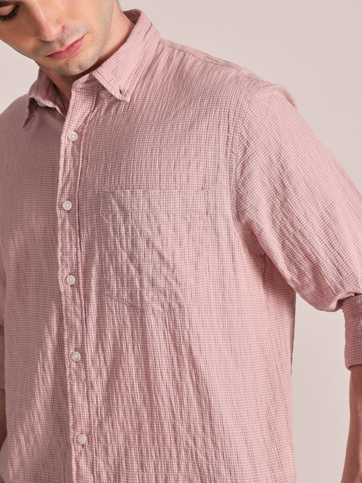 Dashiell - Crinkled Checked Shirt - Light Pink - Espanshe