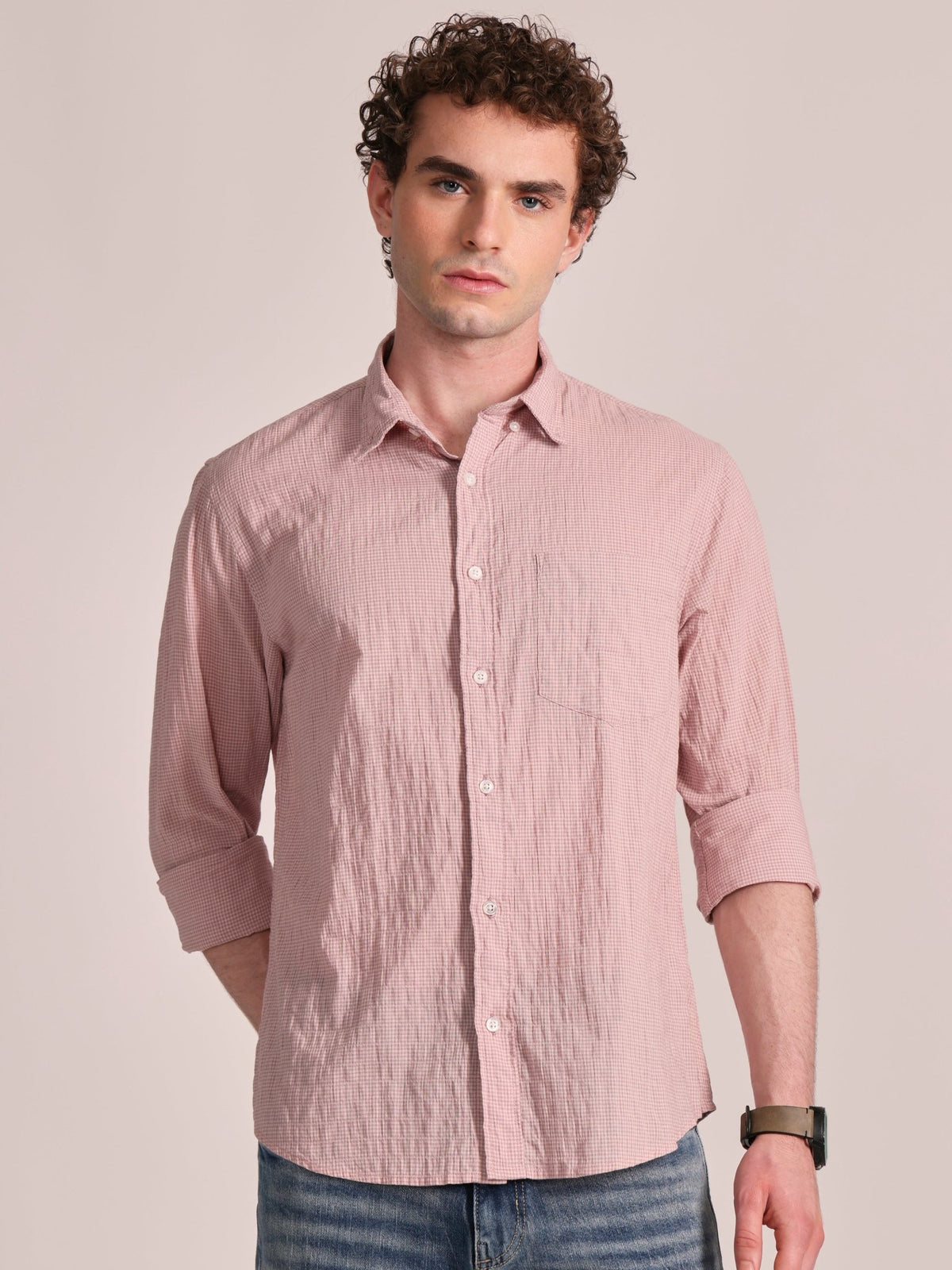 Dashiell - Crinkled Checked Shirt - Light Pink - Espanshe