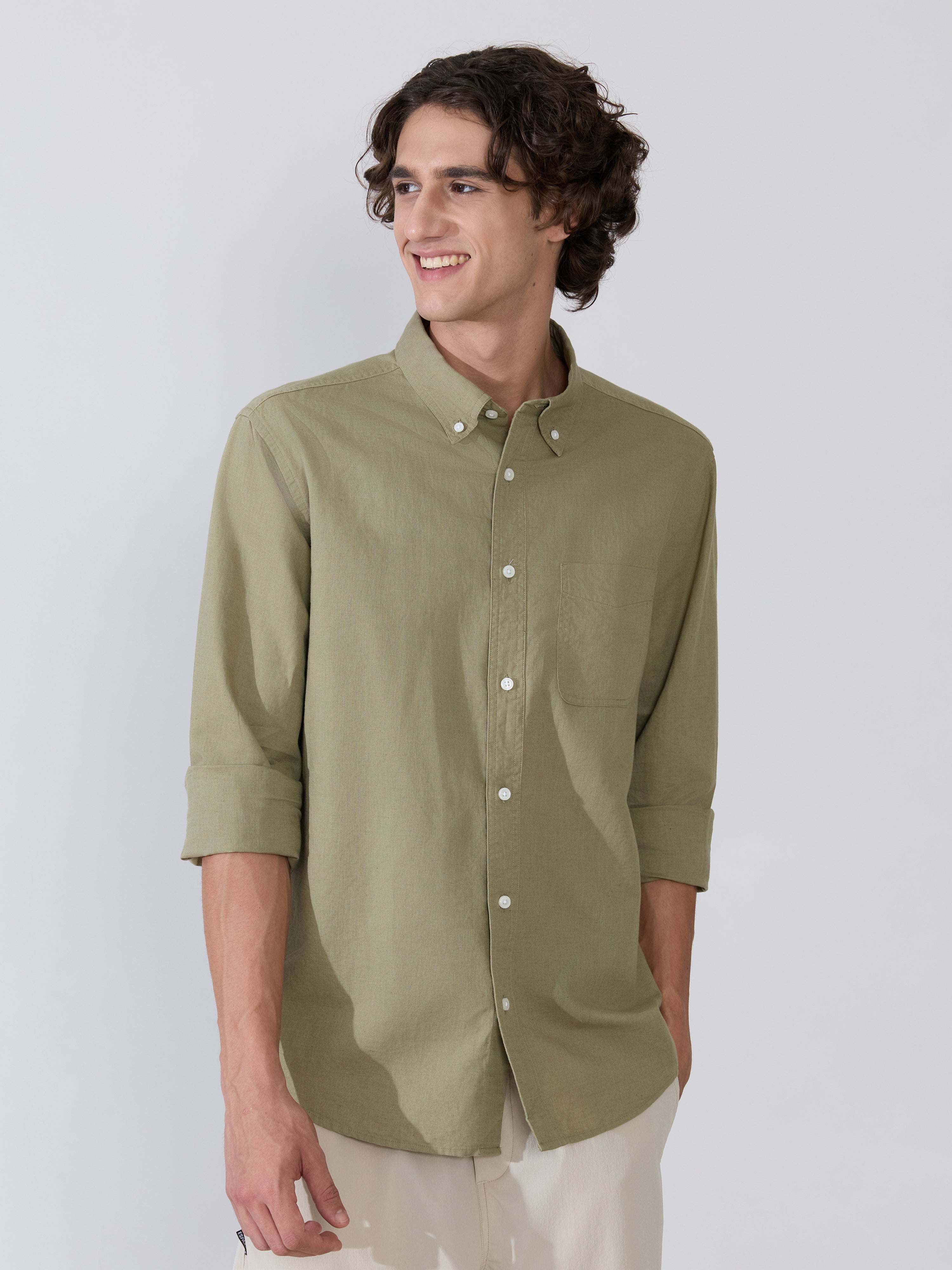  Men's Comfort Fit light olive Linen Shirt
