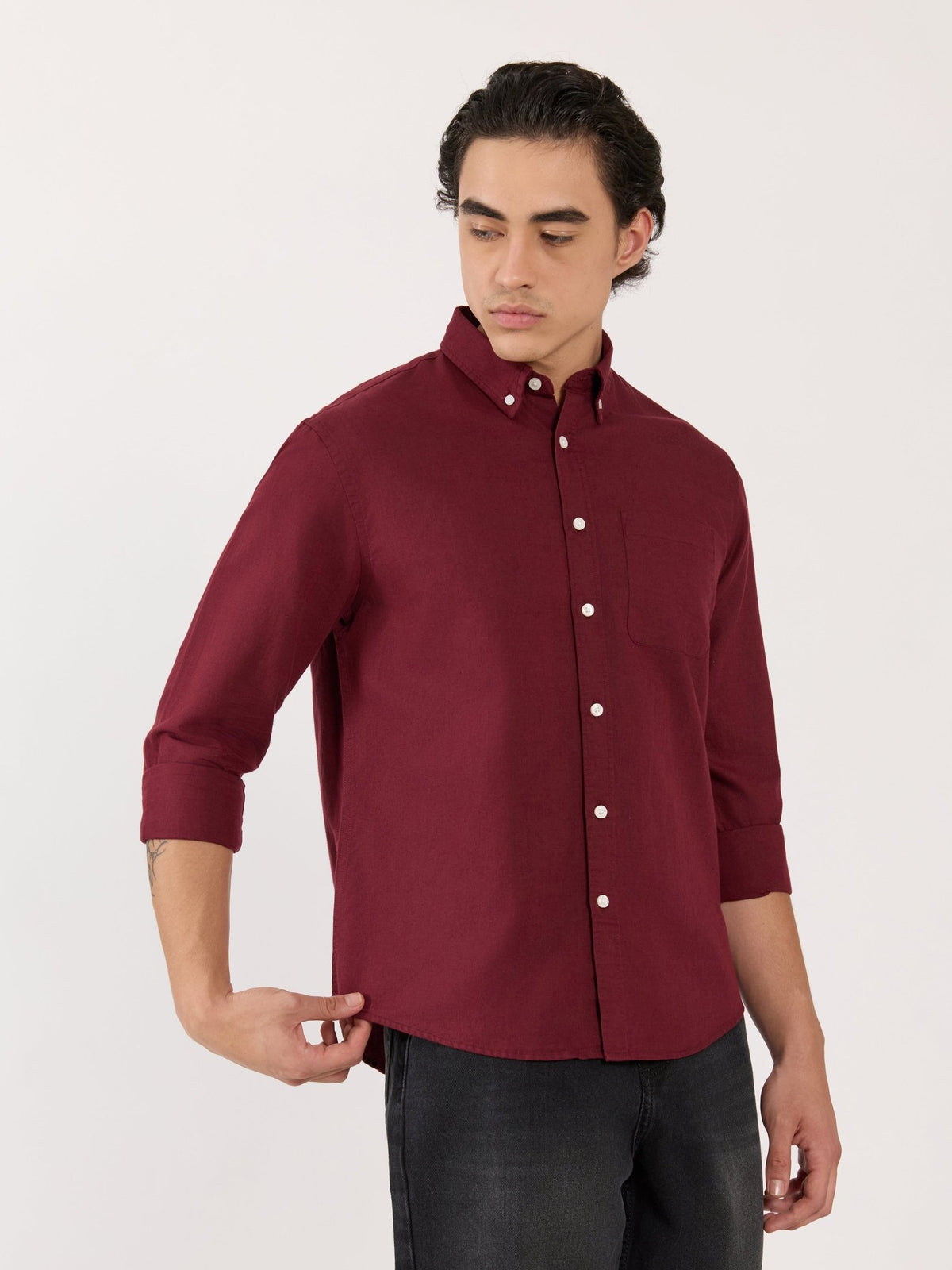 Taloko - Relaxed Linen Shirt - Wine Red - Espanshe
