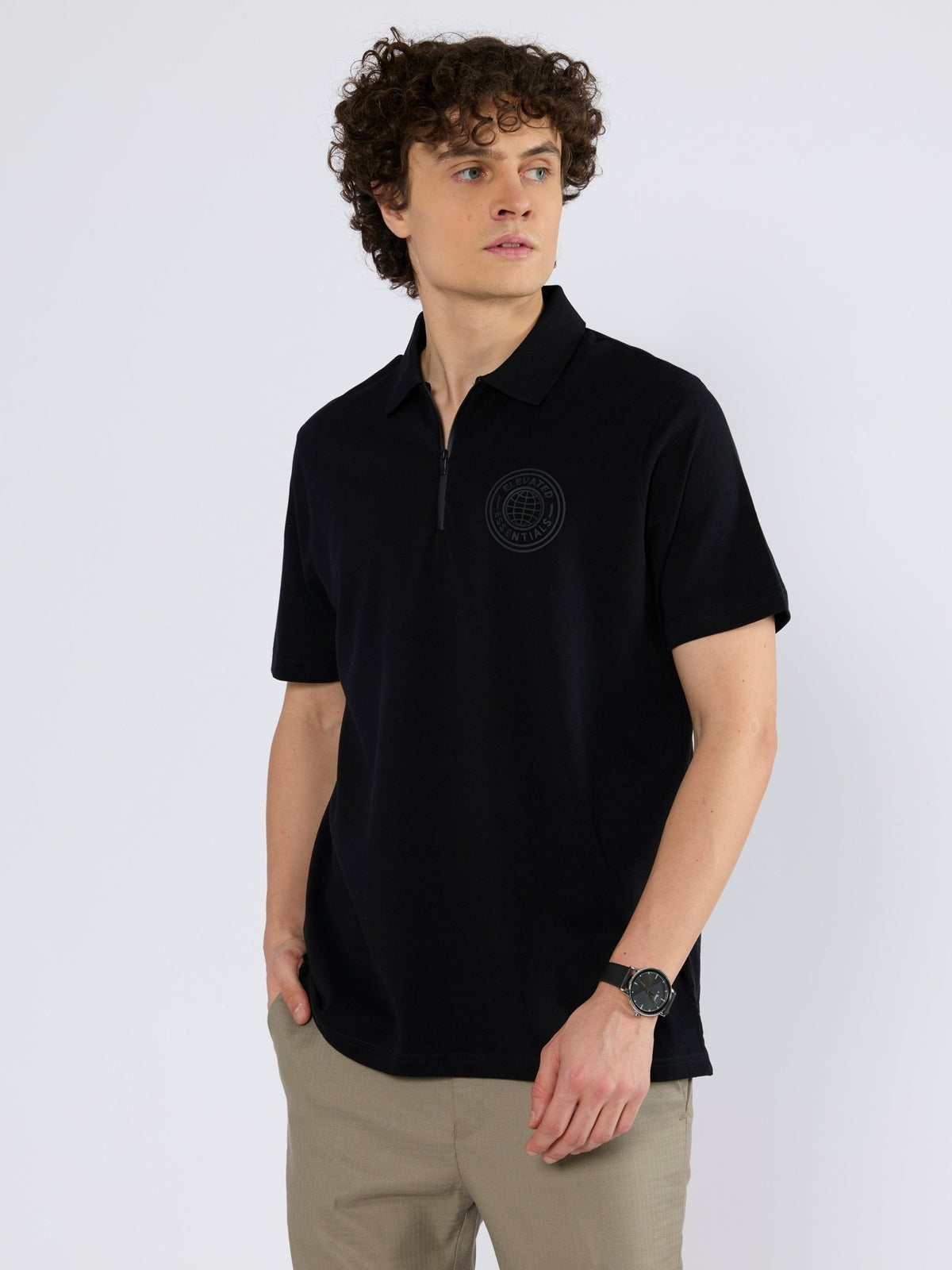 Yelitude - Solid Zipper Polo T-shirt - Black - Espanshe