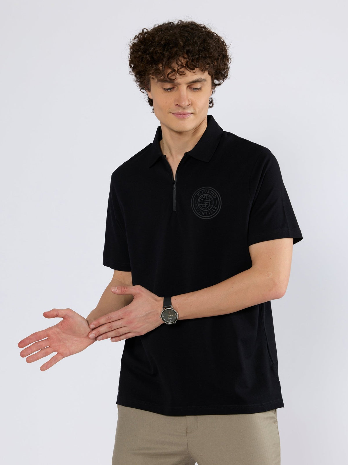 Yelitude - Solid Zipper Polo T-shirt - Black - Espanshe