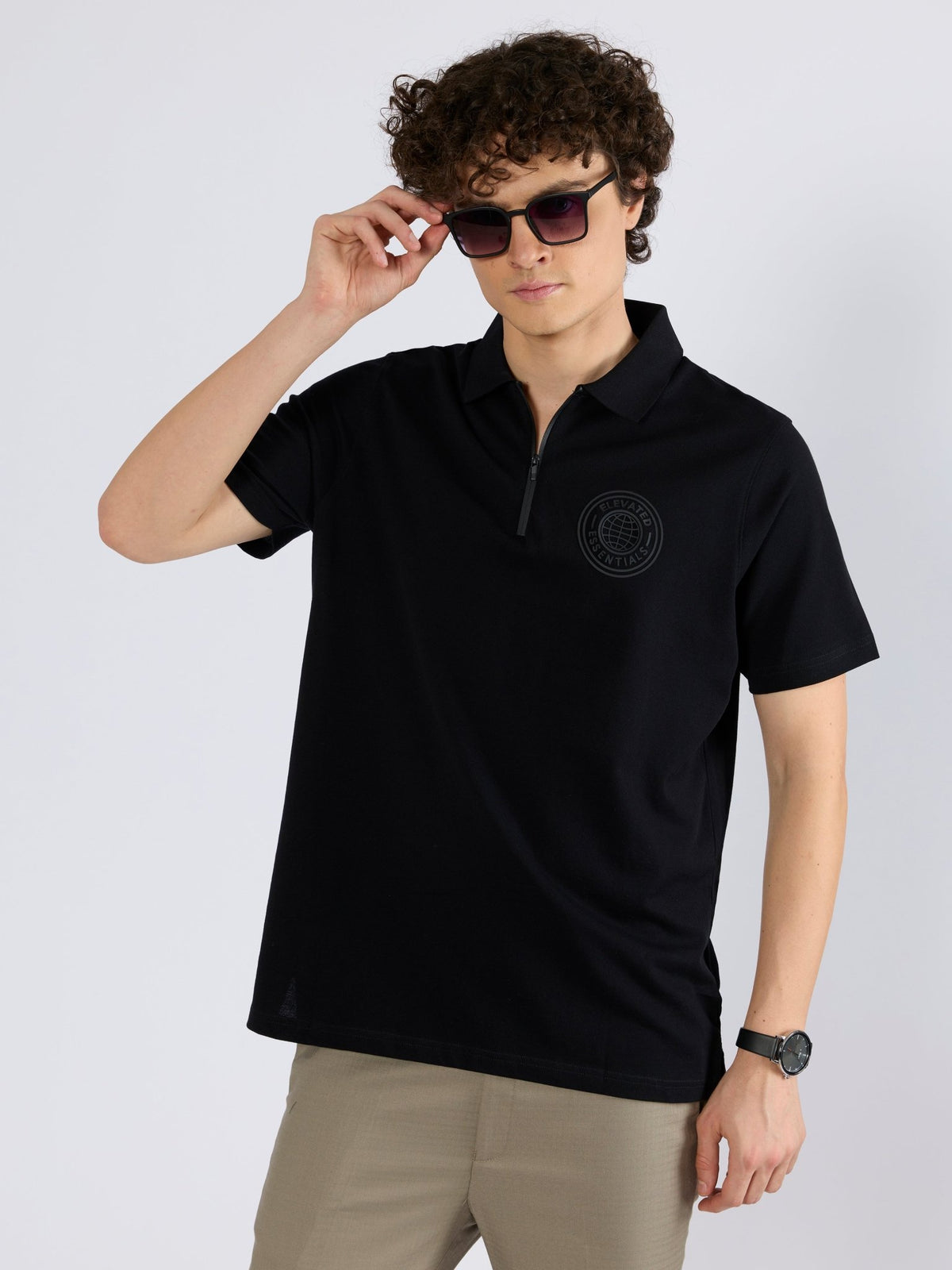 Yelitude - Solid Zipper Polo T-shirt - Black - Espanshe