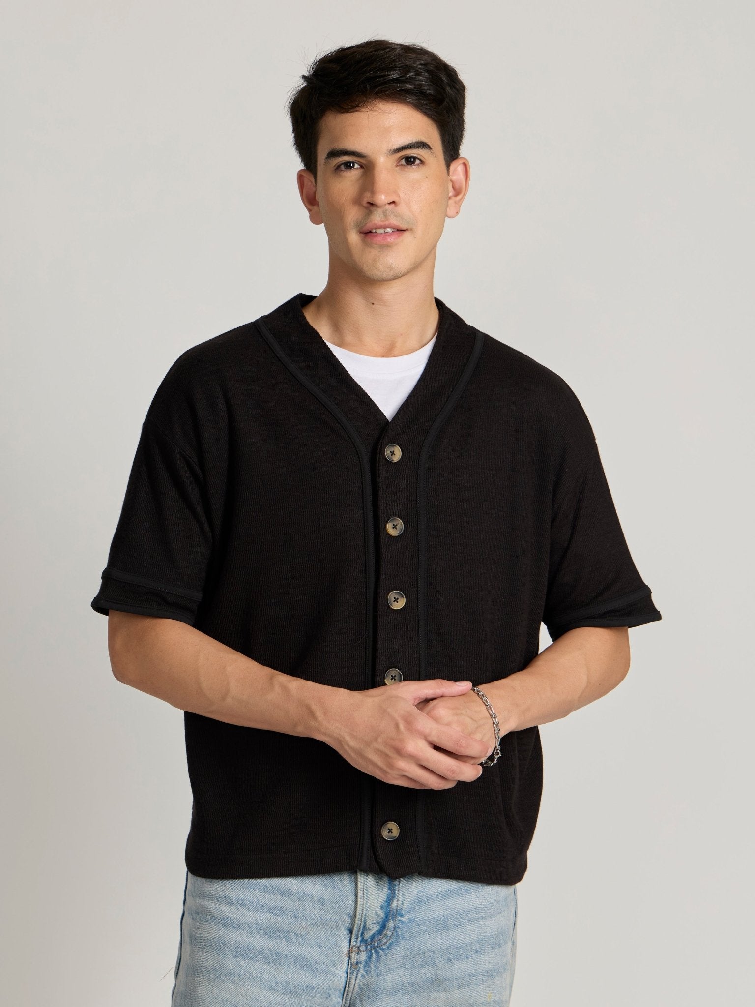 Jovanti - Loose Fit Baseball Shirt - Black - Espanshe