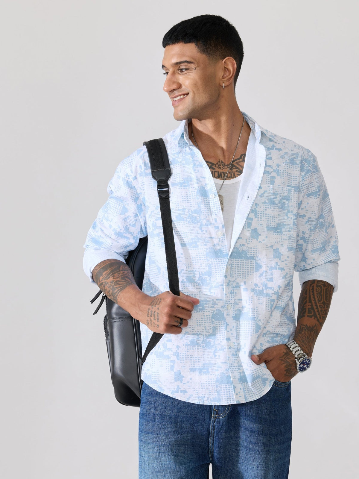 Nefilo - Oxford Printed Shirt - Sky Blue - Espanshe
