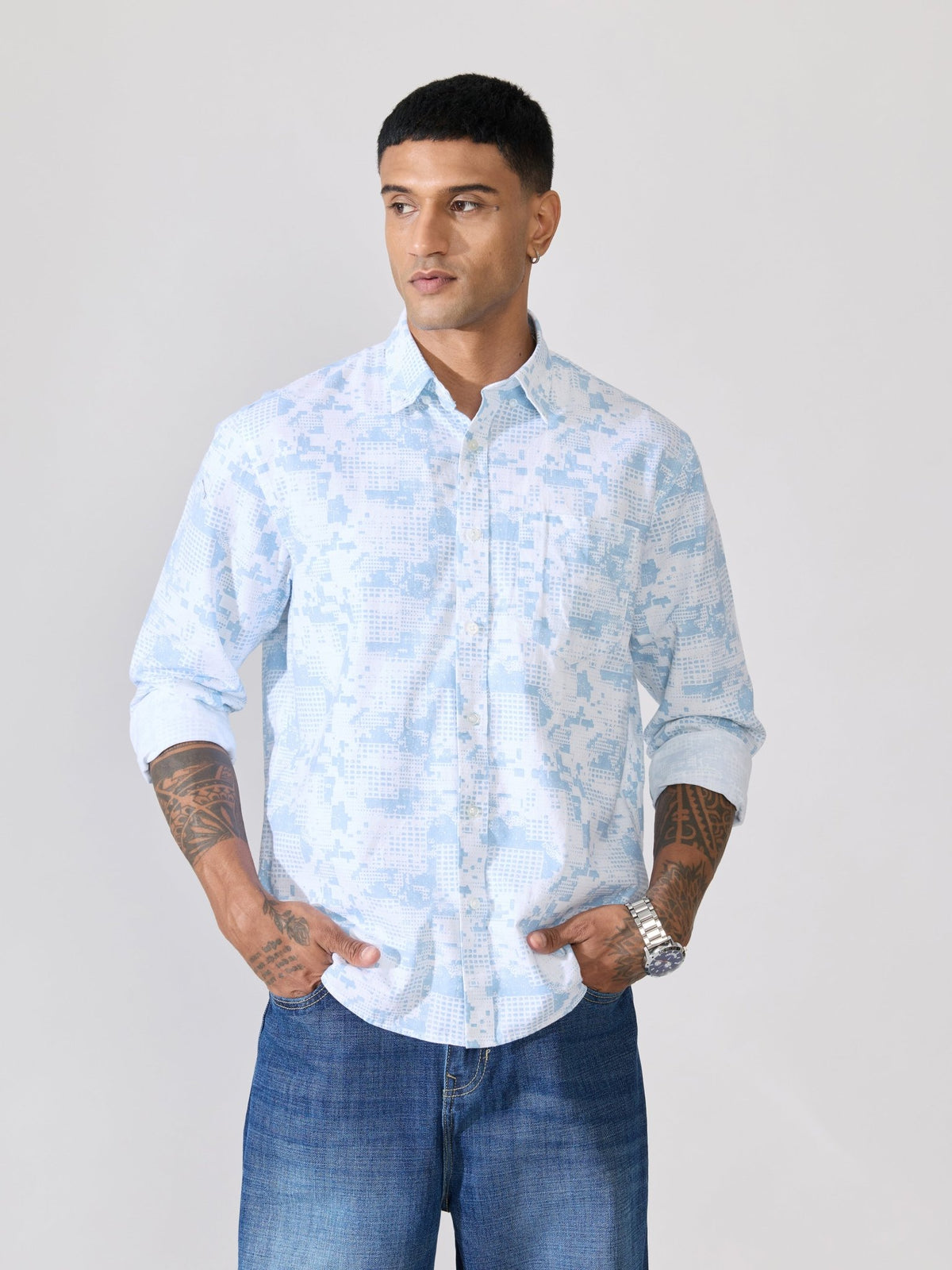 Nefilo - Oxford Printed Shirt - Sky Blue - Espanshe