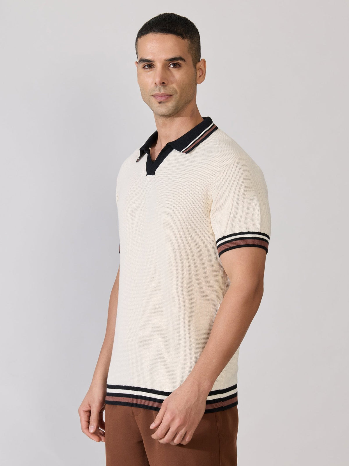 Kikeos-4 - Regular Fit Contrast Collar Knit Polo T-Shirt - Cream - Espanshe