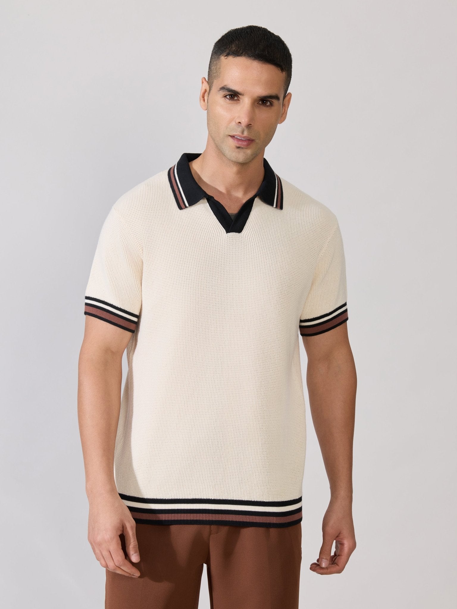 Kikeos-4 - Regular Fit Contrast Collar Knit Polo T-Shirt - Cream - Espanshe