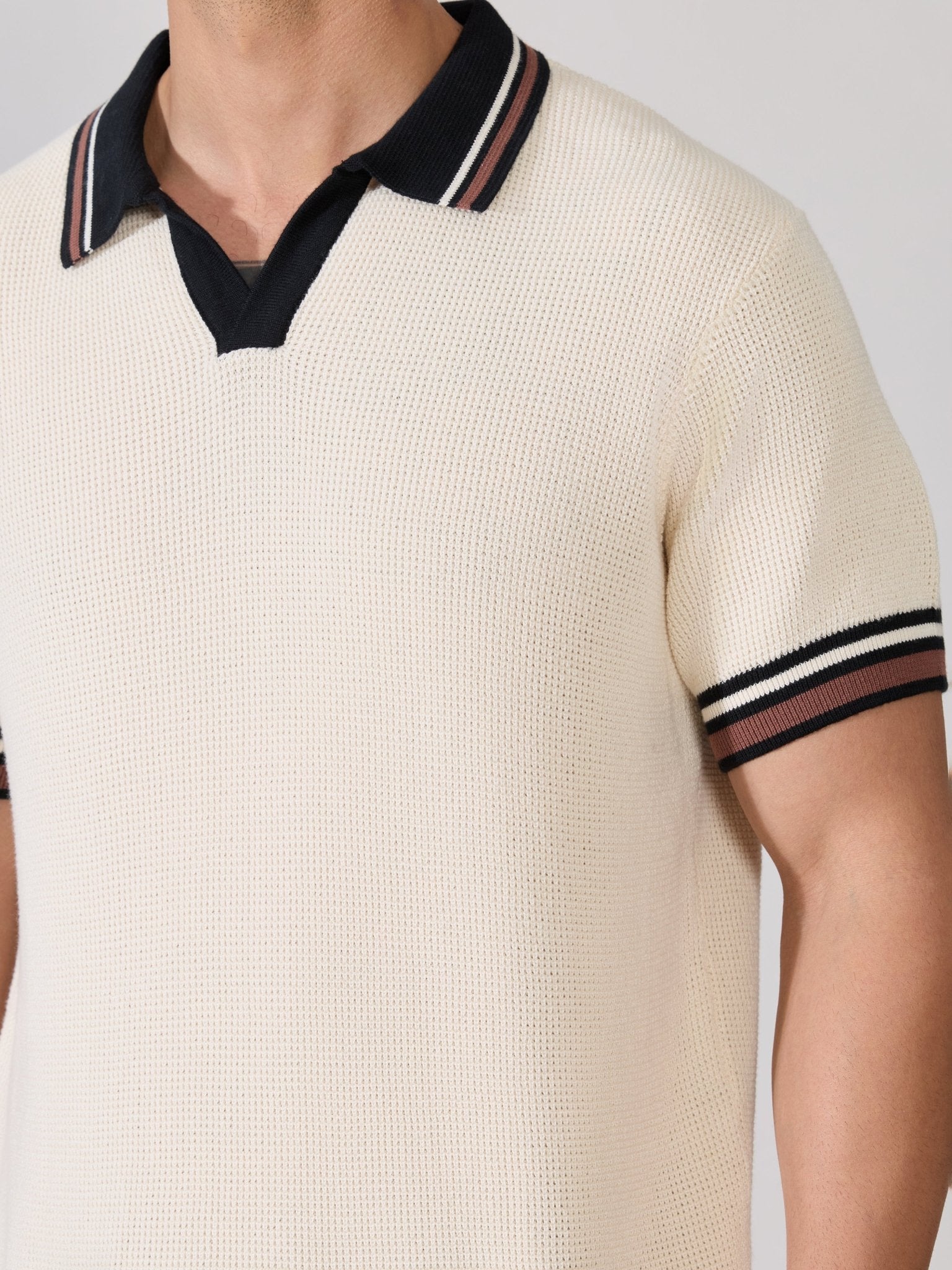 Kikeos-4 - Regular Fit Contrast Collar Knit Polo T-Shirt - Cream - Espanshe
