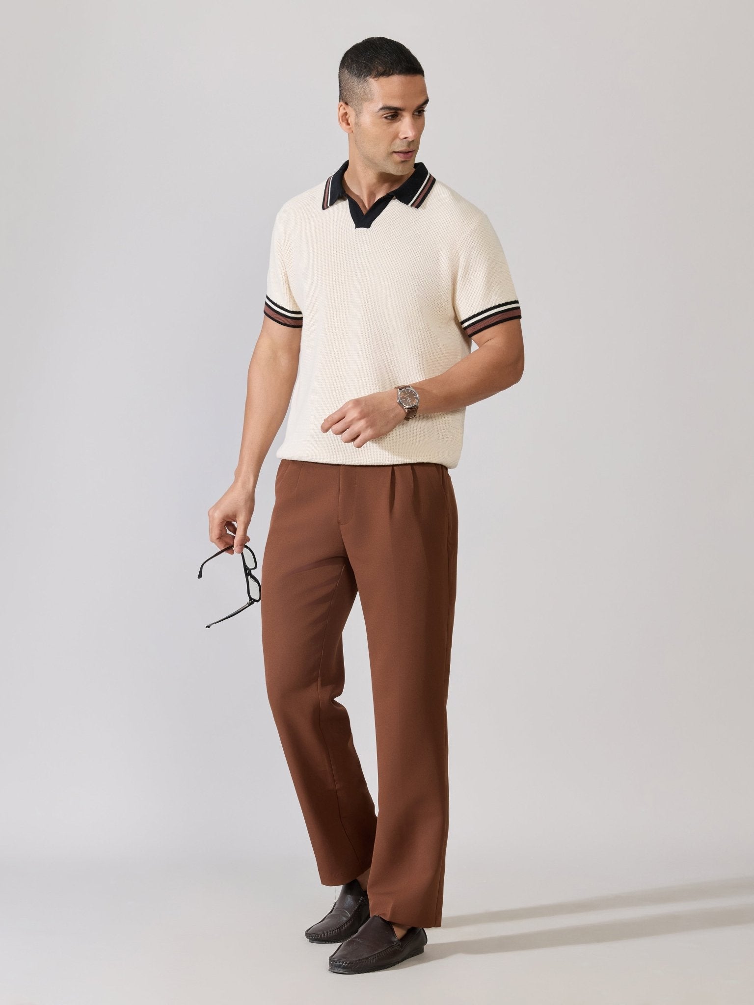 Kikeos-4 - Regular Fit Contrast Collar Knit Polo T-Shirt - Cream - Espanshe
