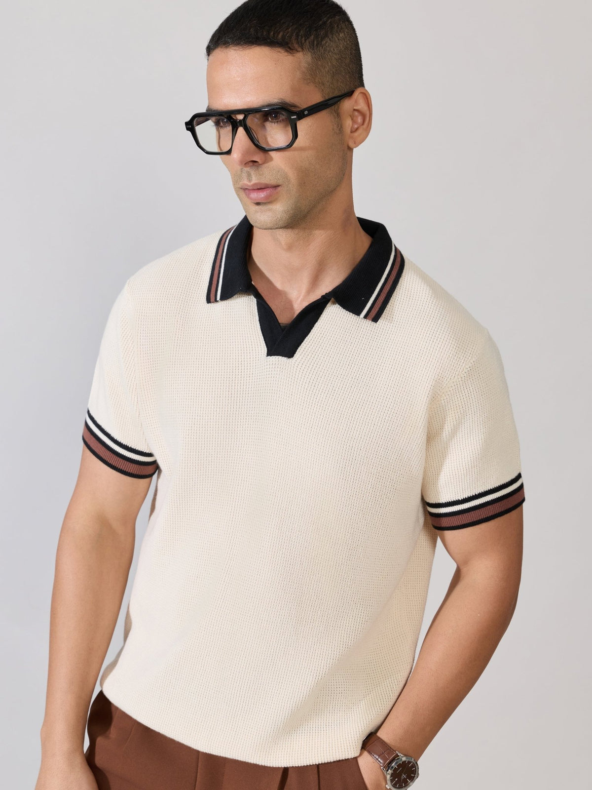 Kikeos-4 - Regular Fit Contrast Collar Knit Polo T-Shirt - Cream - Espanshe