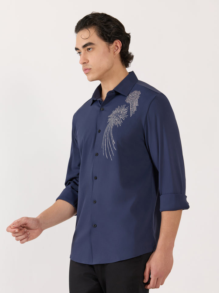men's  shirt -celestial spark Embellished with stone- blue