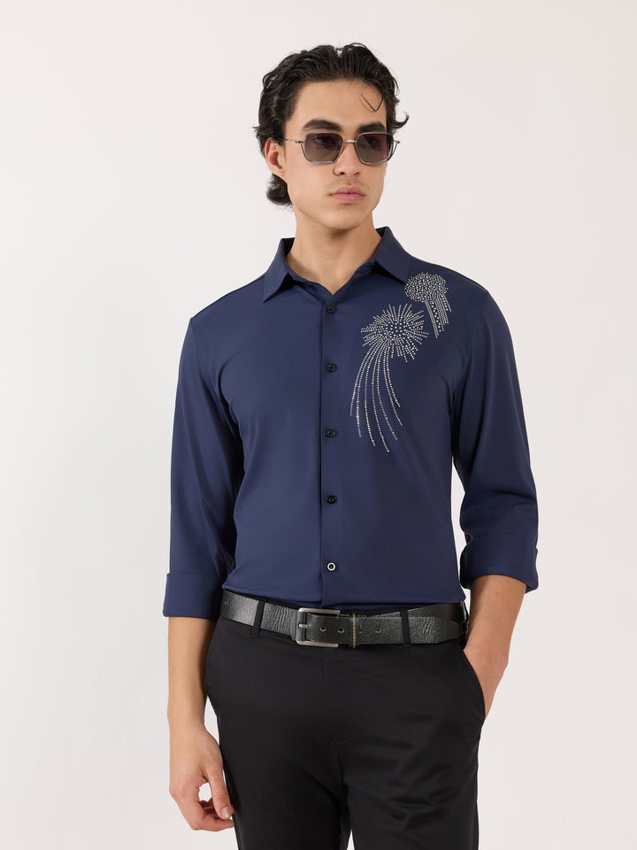 men's  shirt -celestial spark Embellished with stone- blue