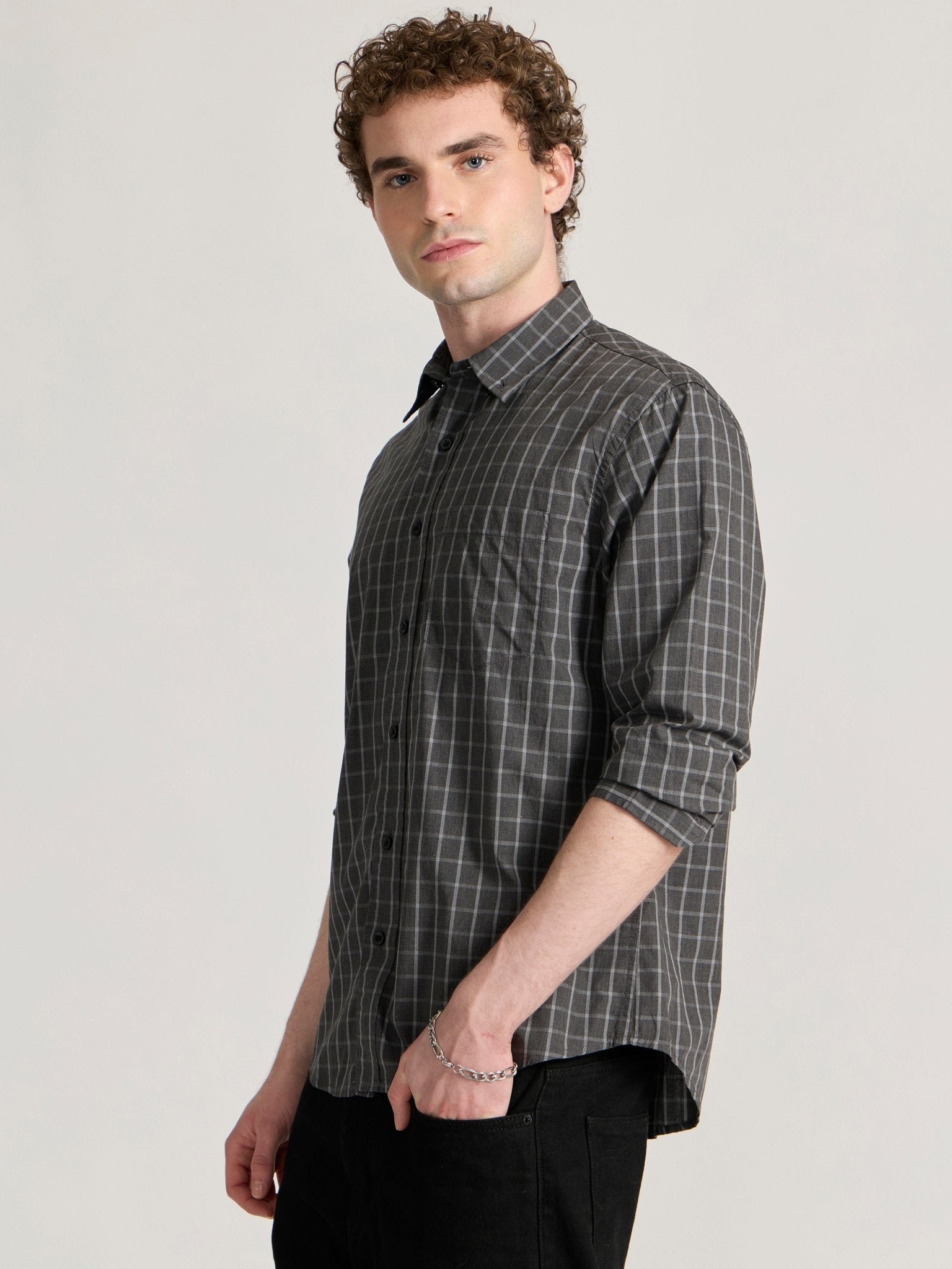Torsten - Relaxed Fit Checks Shirt - Dark Grey - Espanshe