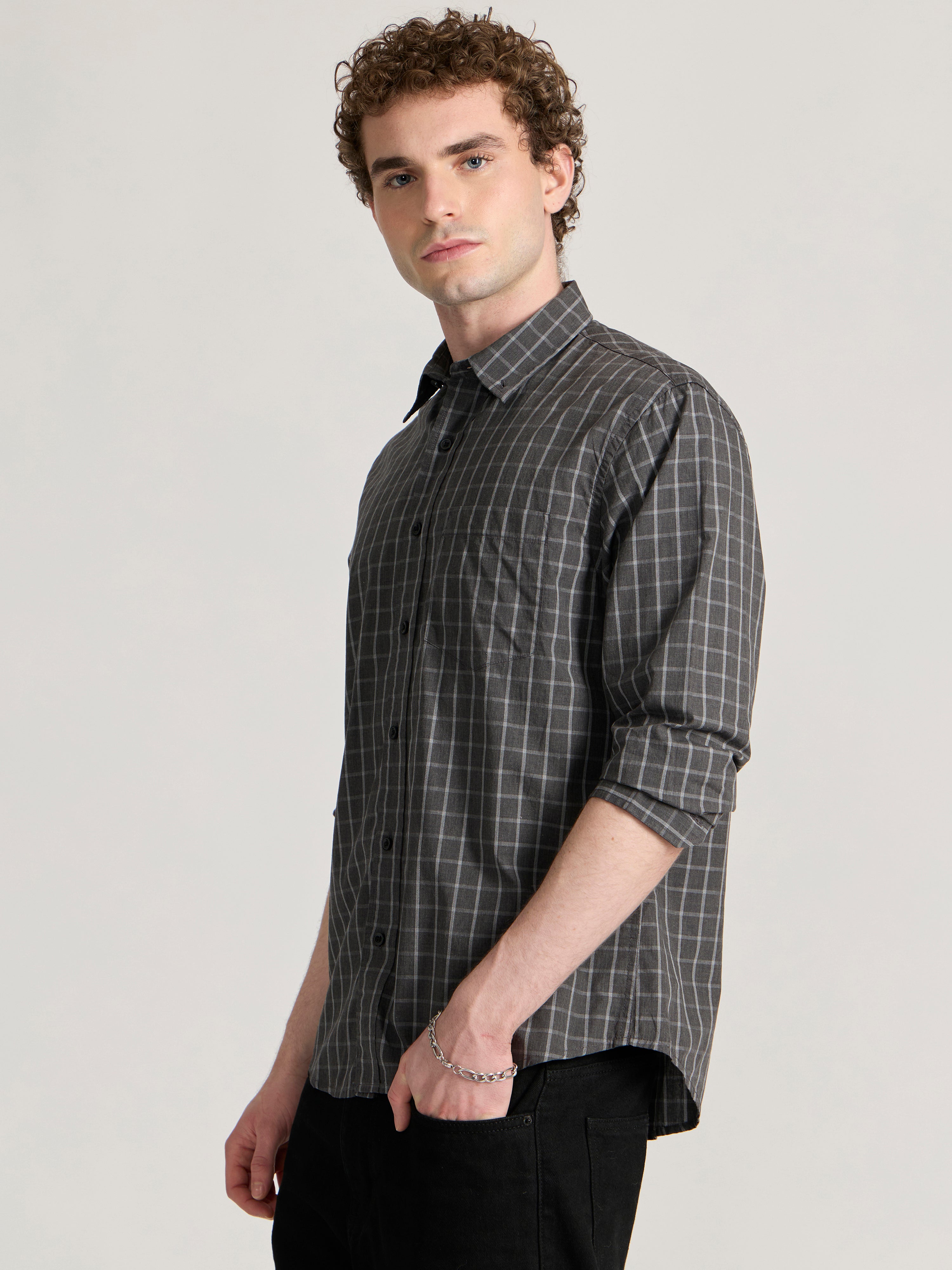 Men's Relaxed Fit Checks Shirt - Dark grey
