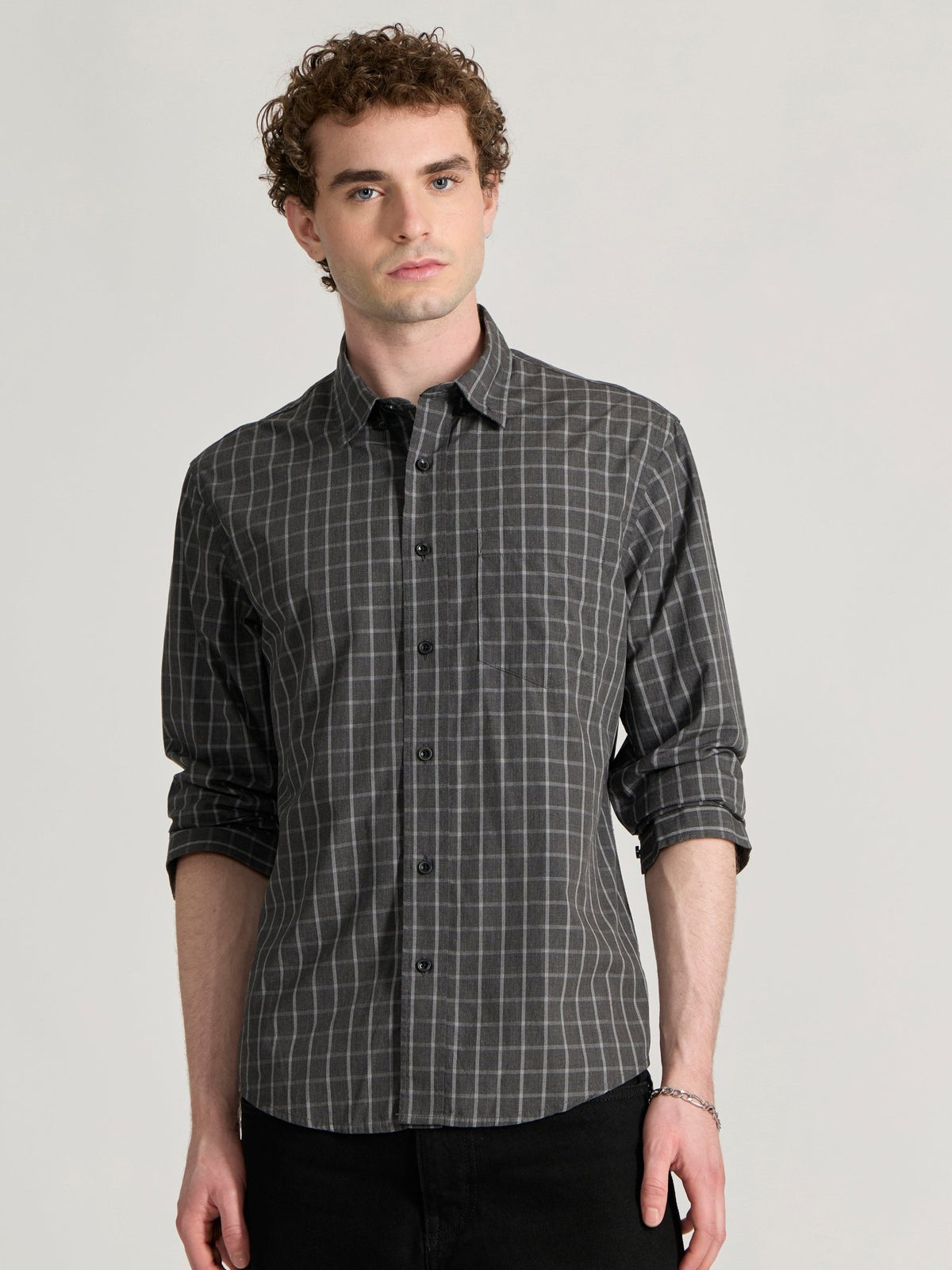 Torsten - Relaxed Fit Checks Shirt - Dark Grey - Espanshe