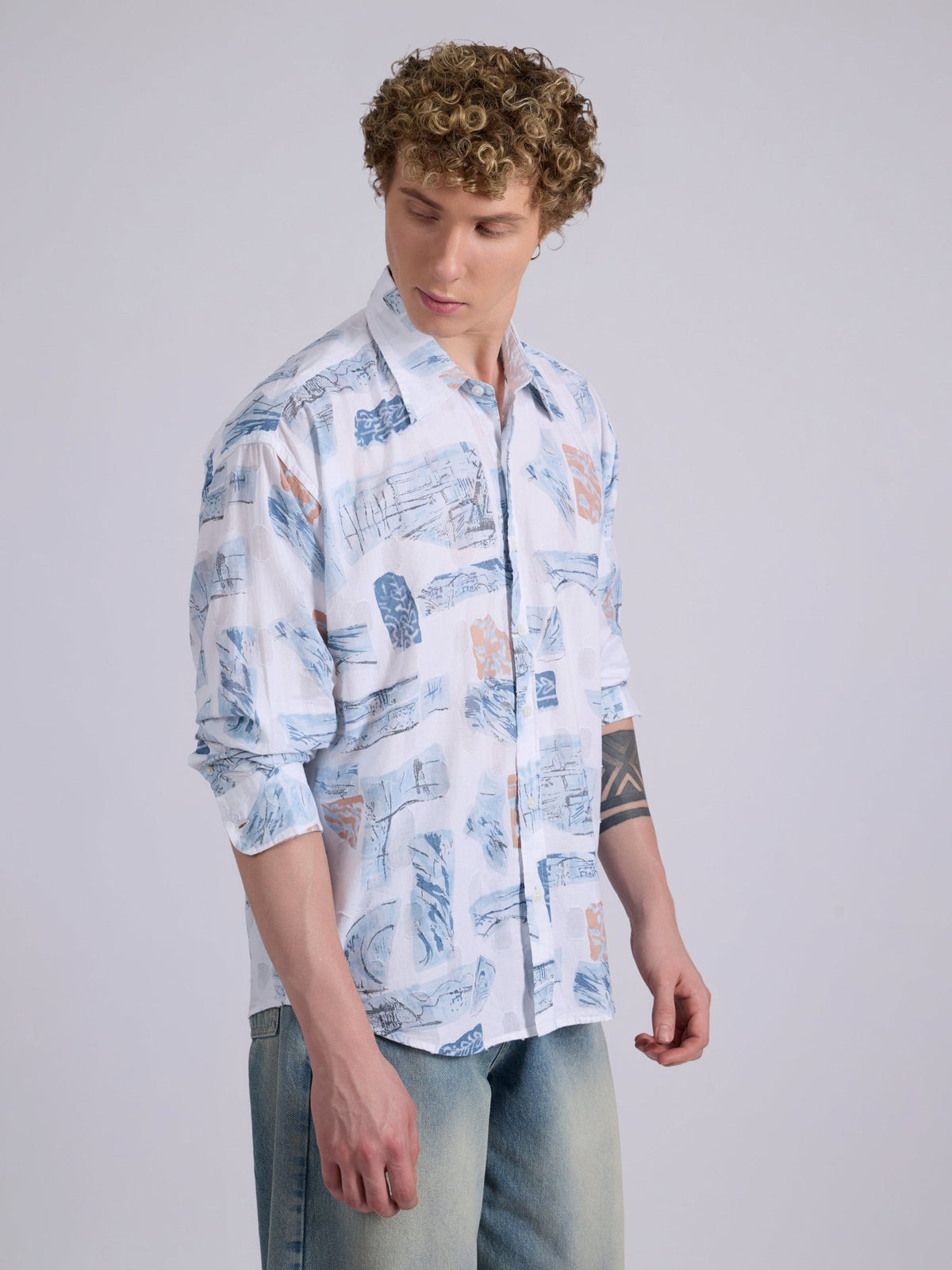 Blaz - Drop Shoulder Printed Shirt - Blue - Espanshe