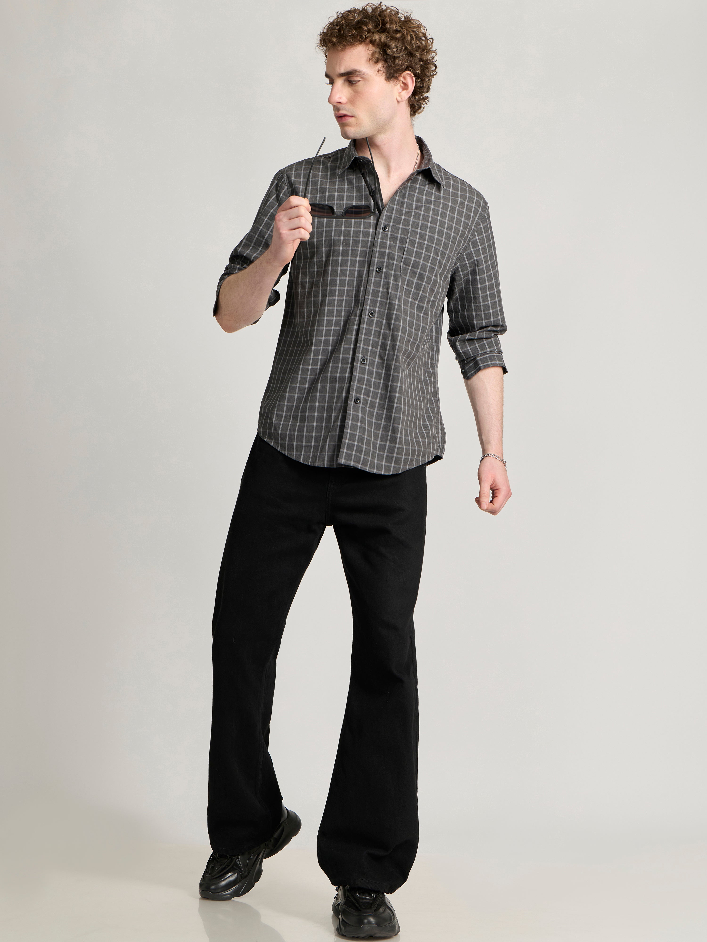 Men's Relaxed Fit Checks Shirt - Dark grey
