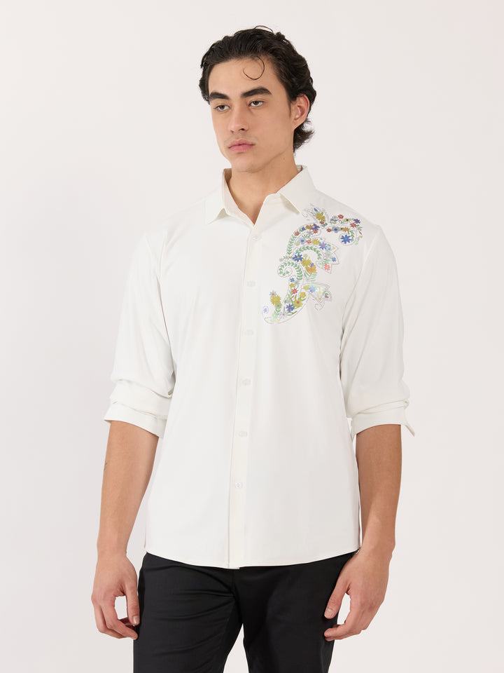 men's shirt-  Floral Design Embellished Shirt - White
