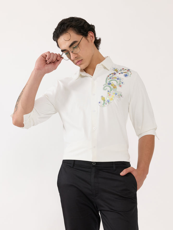 men's shirt-  Floral Design Embellished Shirt - White