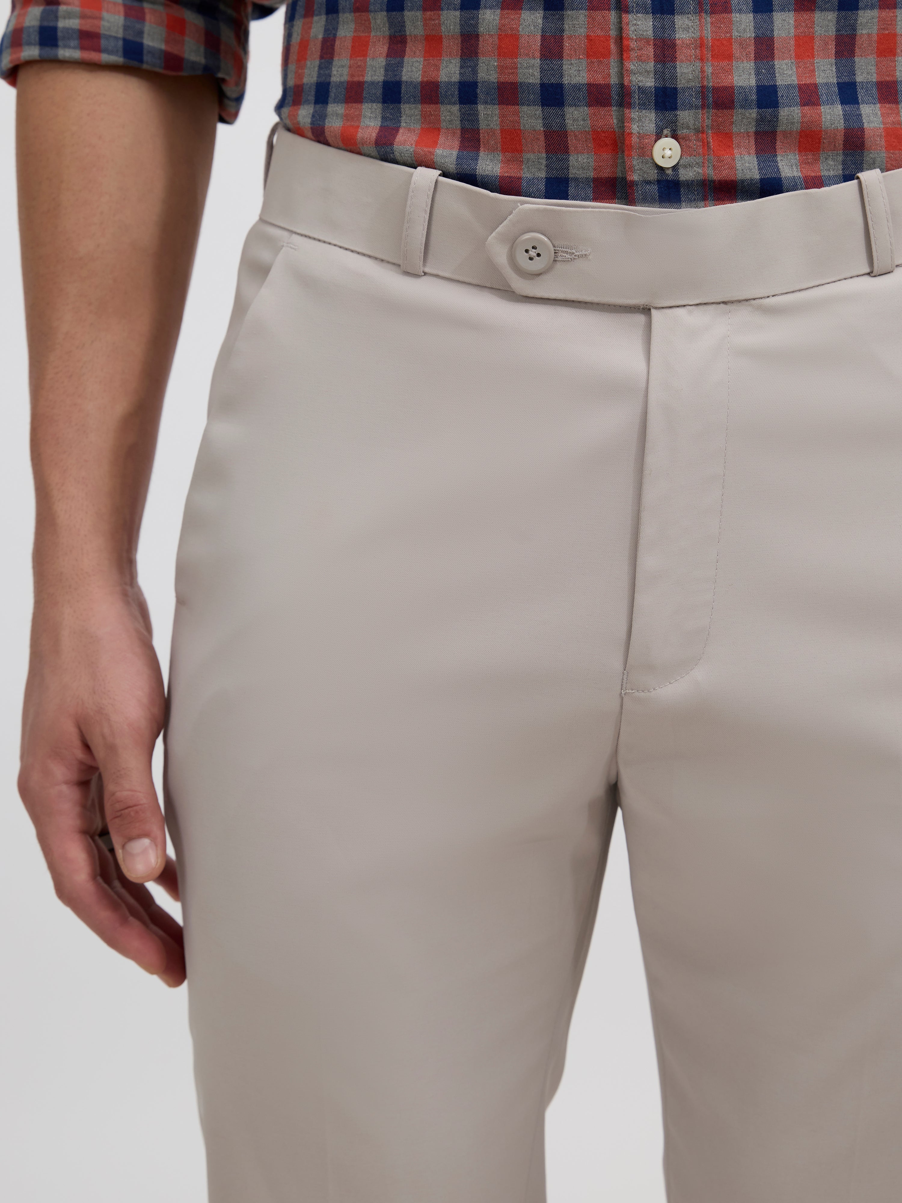 men's sand gray skinny fit trousers blended with polyster and spandex - paired with a black top and black shoes