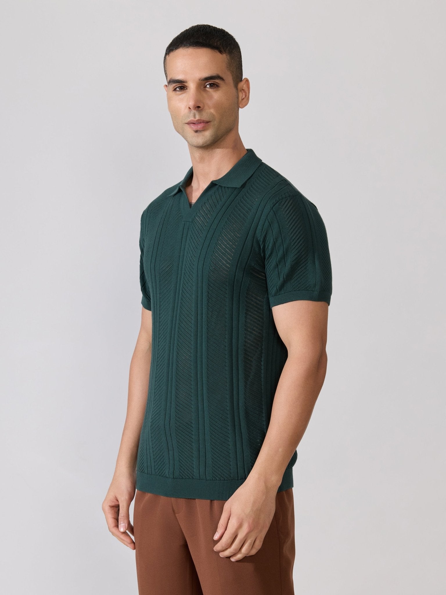 Kikeos-3 - Regular Fit Textured Open Knit Polo T-Shirt - Green - Espanshe