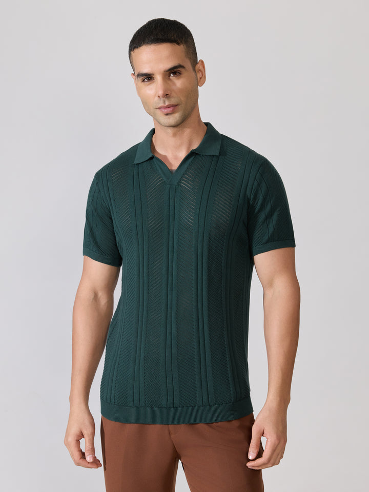 Men's regular Fit Textured Open Knit Polo T-Shirt in  green