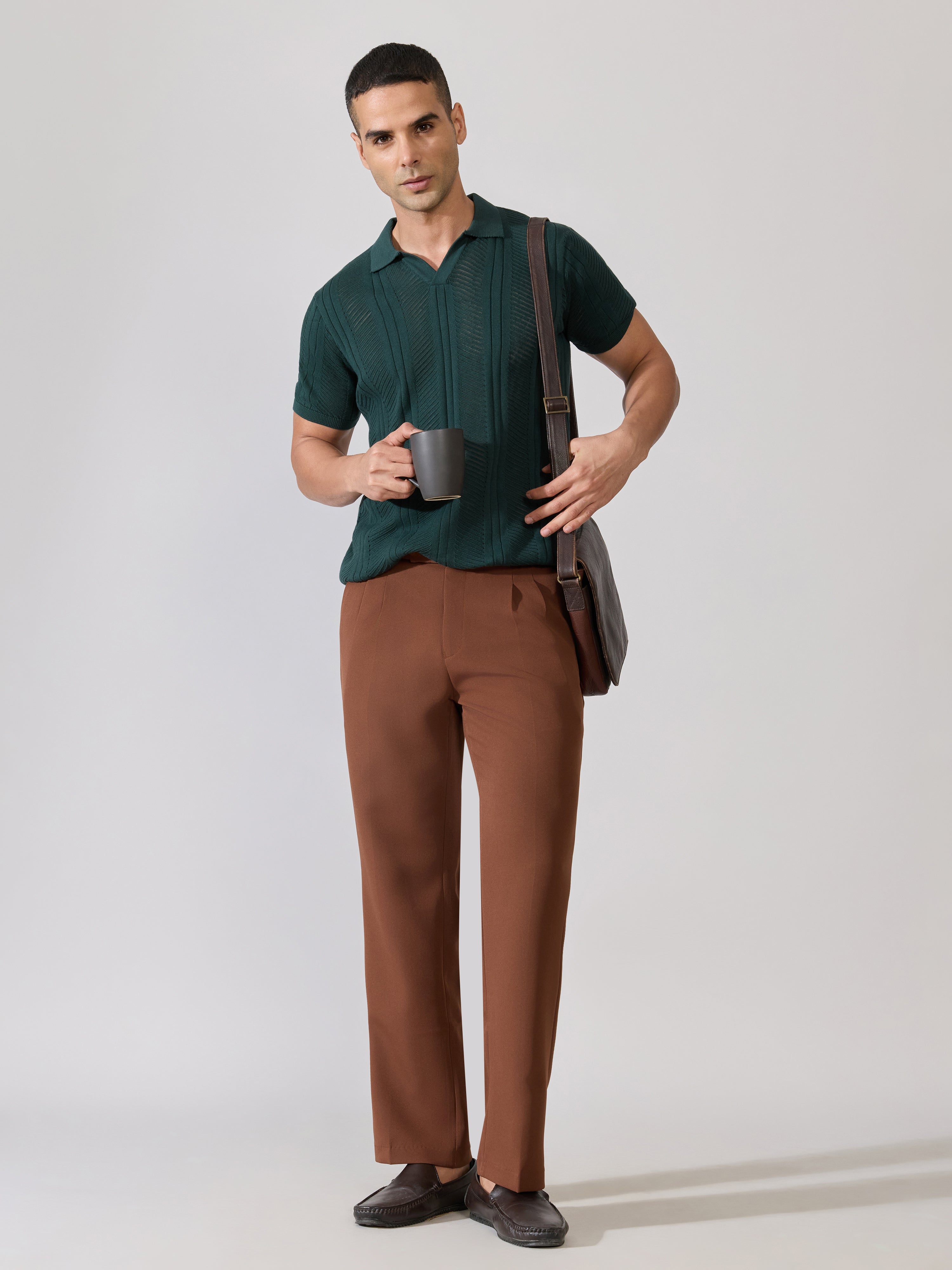 Men's regular Fit Textured Open Knit Polo T-Shirt in  green