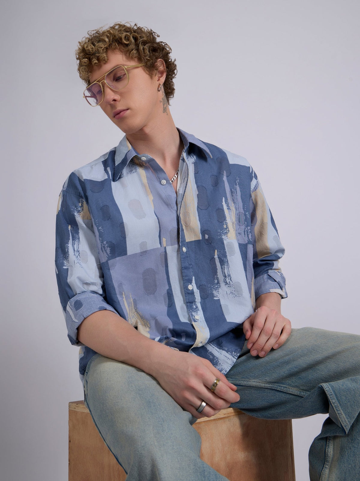 Blaz - Drop Shoulder Printed Shirt - Slate Blue - Espanshe
