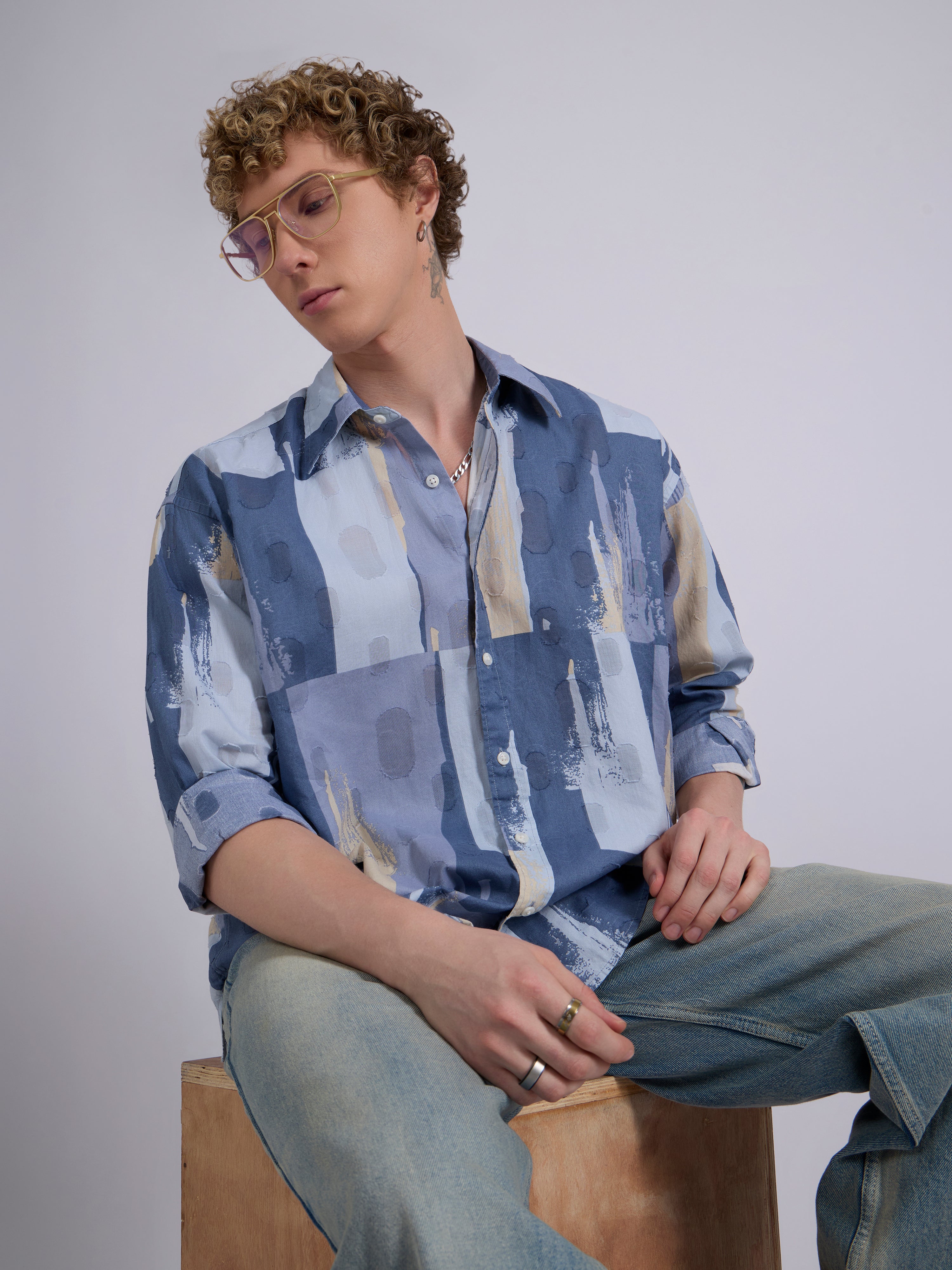 Men's Drop Shoulder Printed Shirt - Slate Blue
