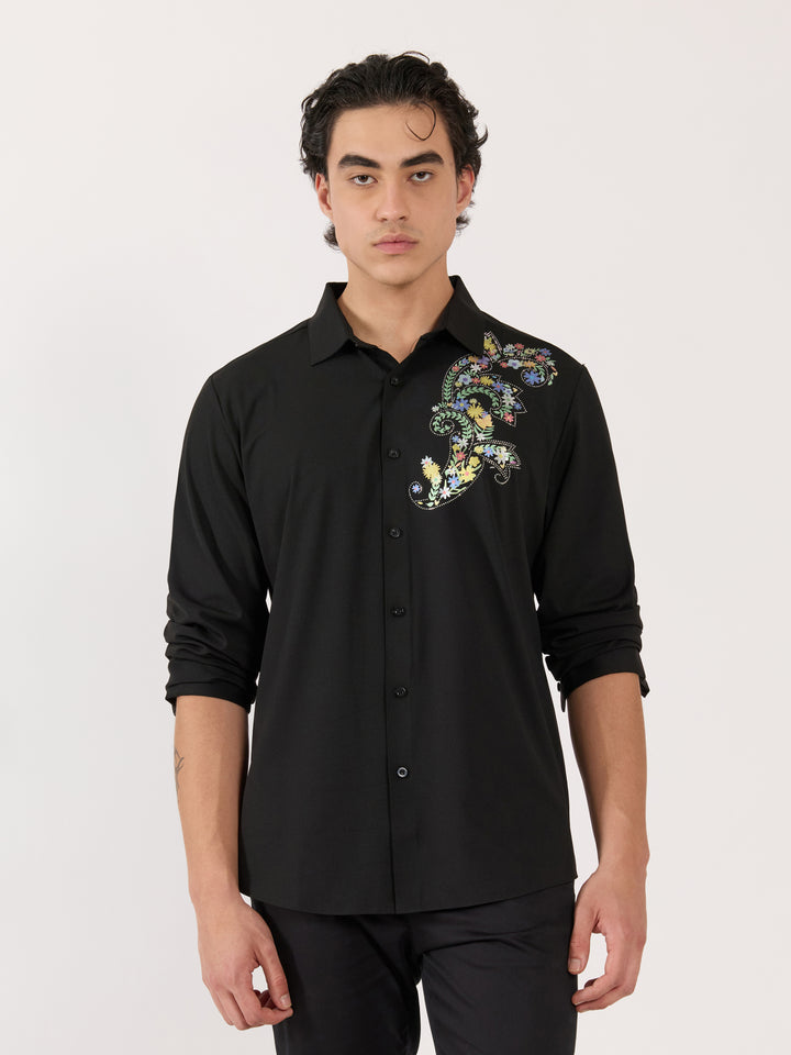 men's shirt-  Floral Design Embellished Shirt - black