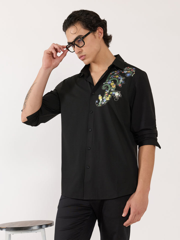 men's shirt-  Floral Design Embellished Shirt - black