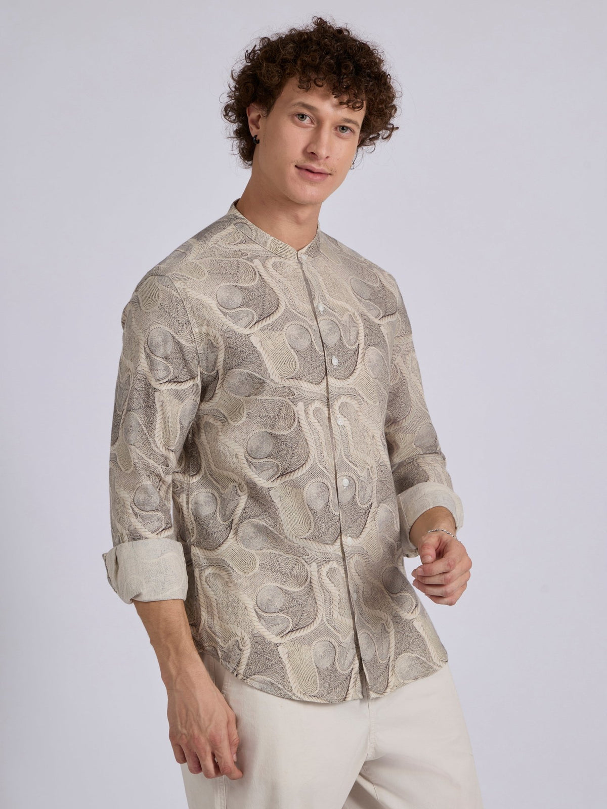 Moritz - Band Collar Printed Shirt - Beige - Espanshe