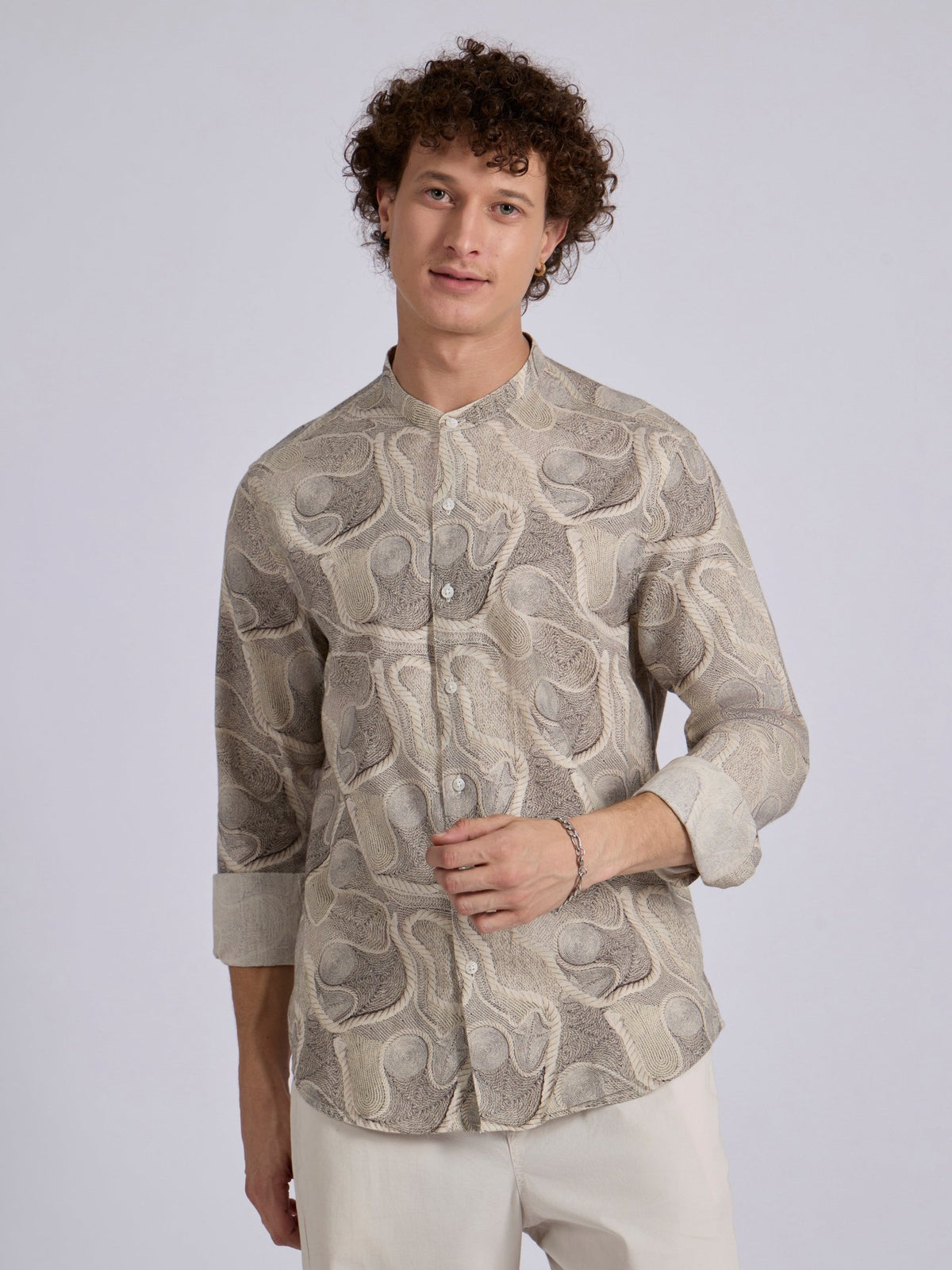 Moritz - Band Collar Printed Shirt - Beige - Espanshe