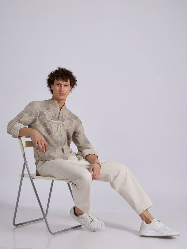 men's Band Collar Printed Shirt - beige