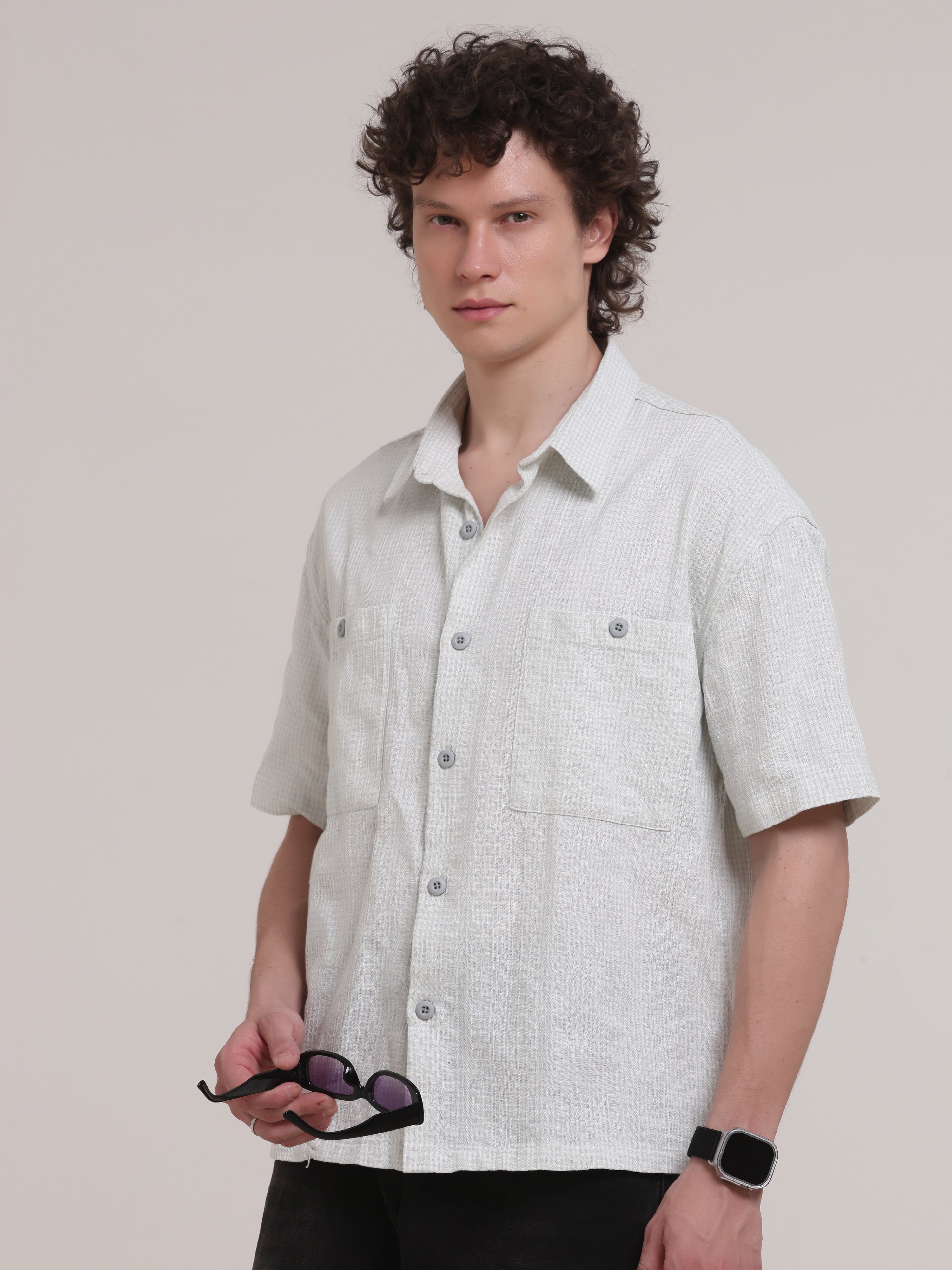 Michek Oversized Double Pocket Half Sleeve Shirt- Green