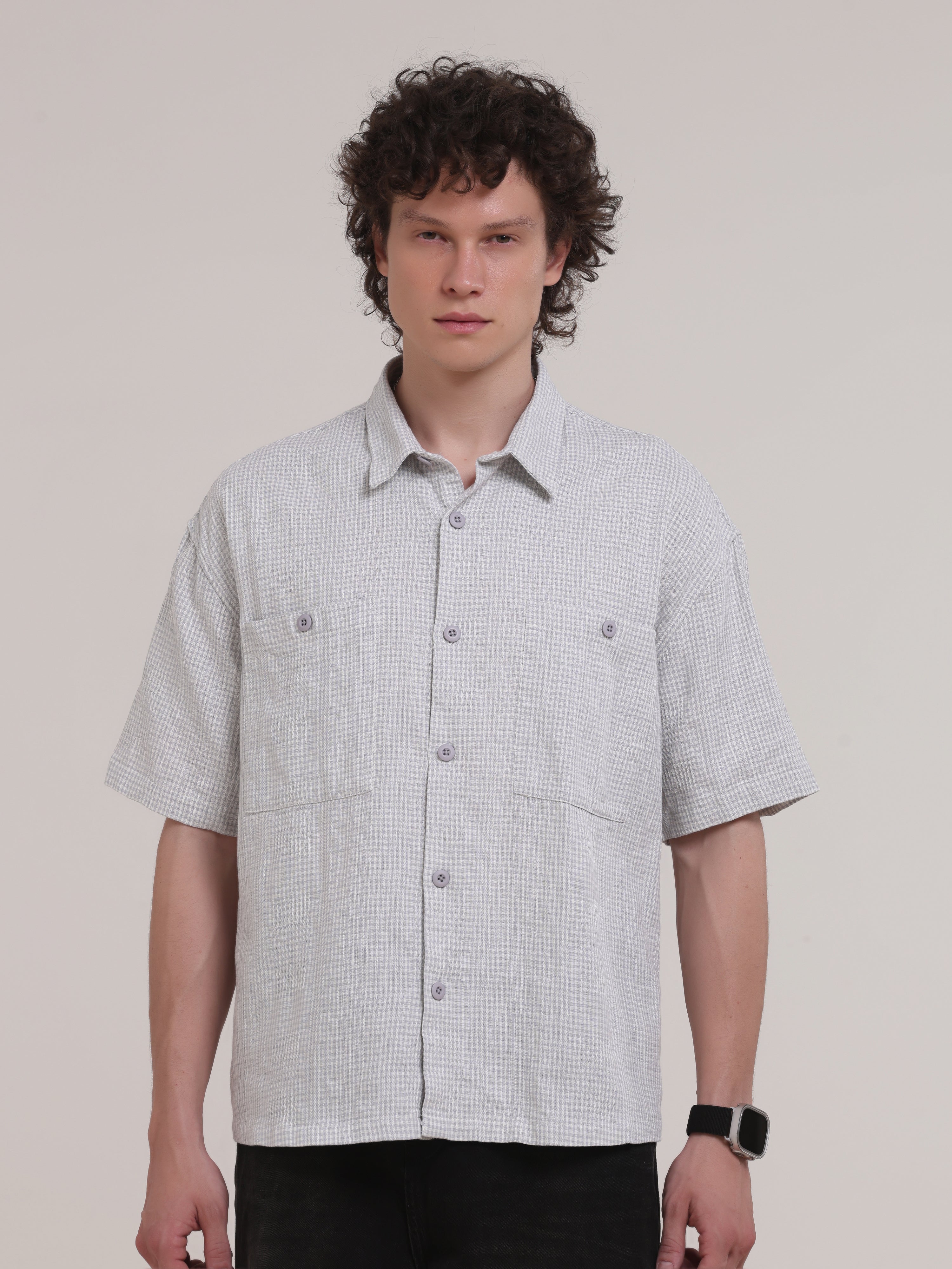 Michek Oversized Double Pocket Half Sleeve Shirt- Light Purple