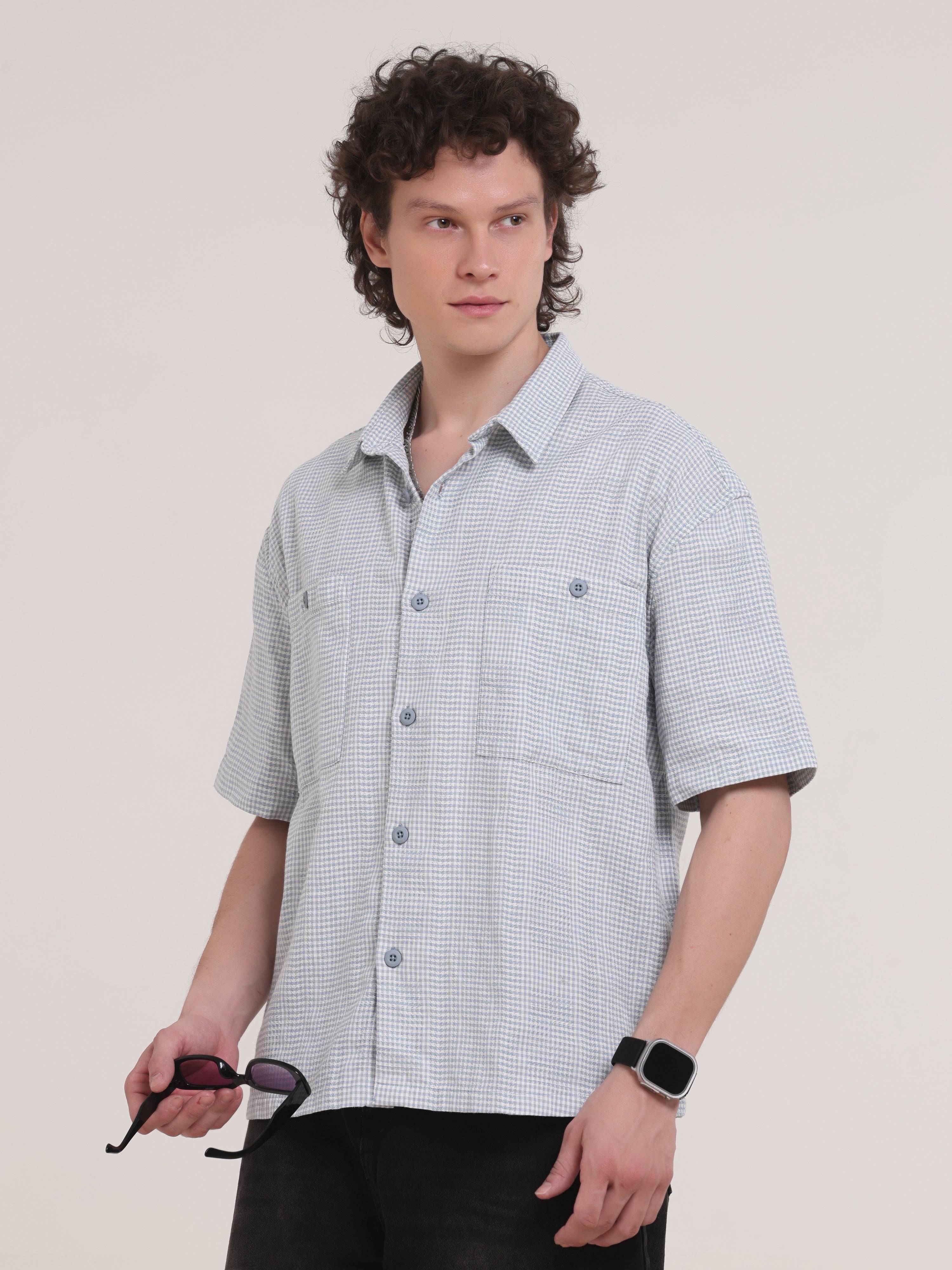 Michek Oversized Micro Check Half Sleeve Shirt- Blue