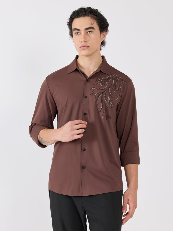 men's  shirt - regal swirl Embellished with stone- coffee brown