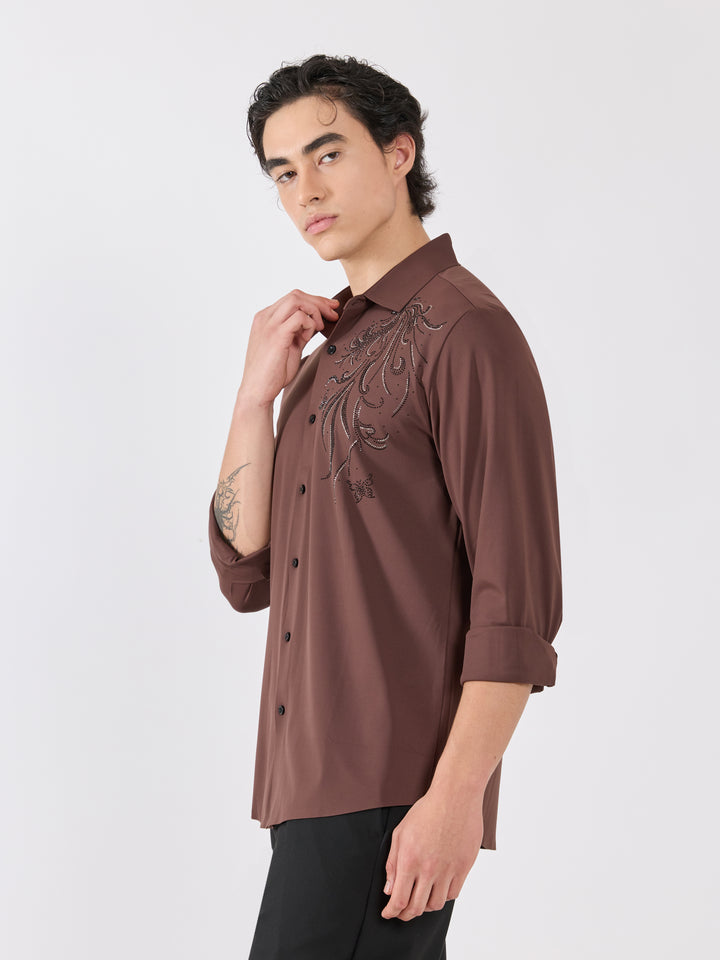 men's  shirt - regal swirl Embellished with stone- coffee brown