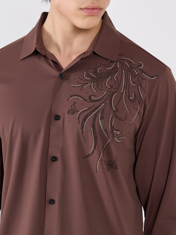 men's  shirt - regal swirl Embellished with stone- coffee brown