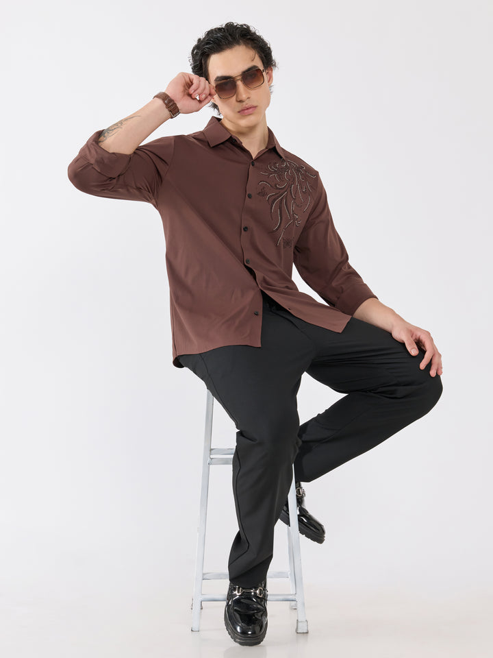 men's  shirt - regal swirl Embellished with stone- coffee brown